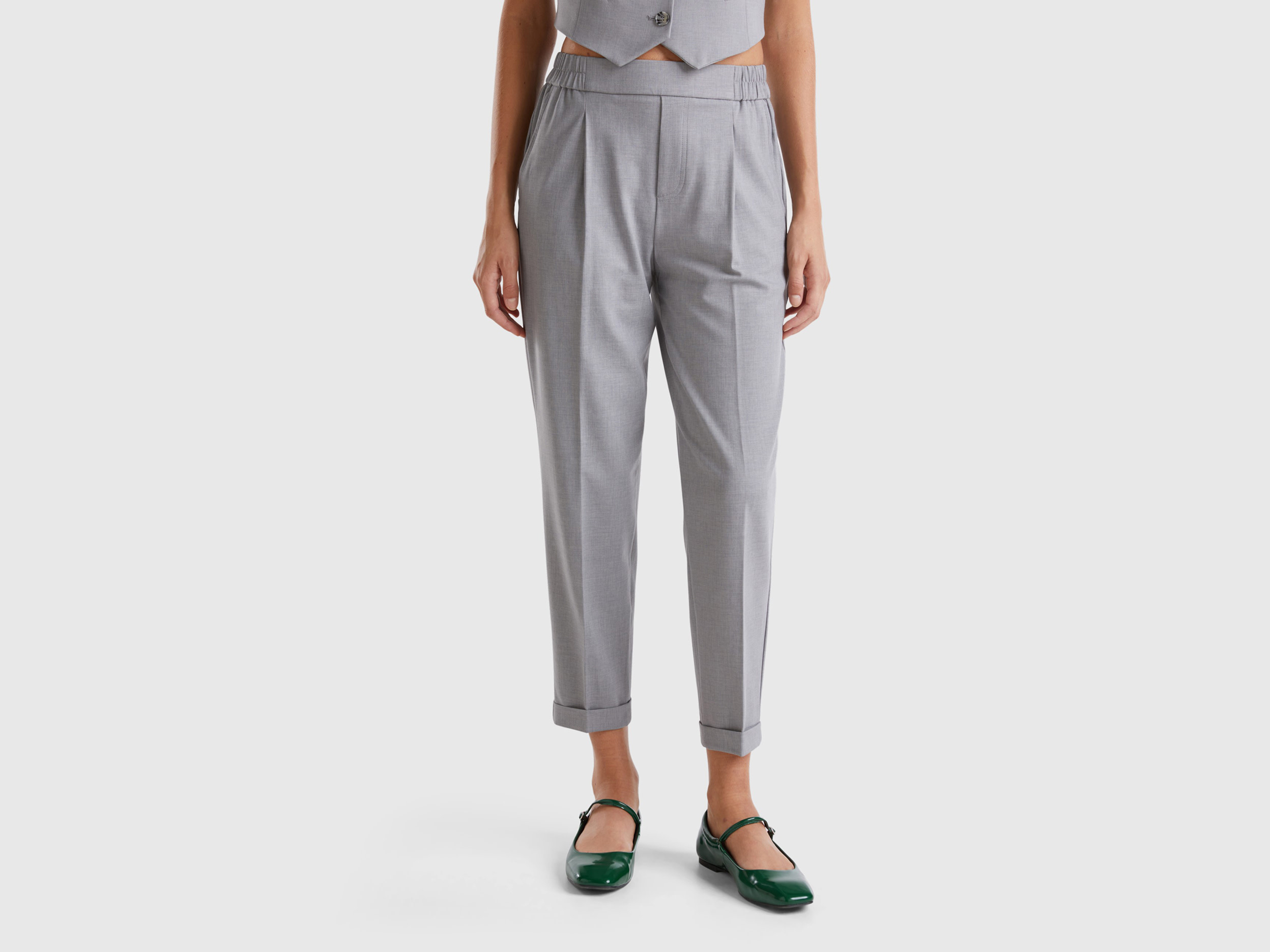 Benetton, Pantaloni Con Risvolto In Misto Viscosa Stretch, Blu, Donna