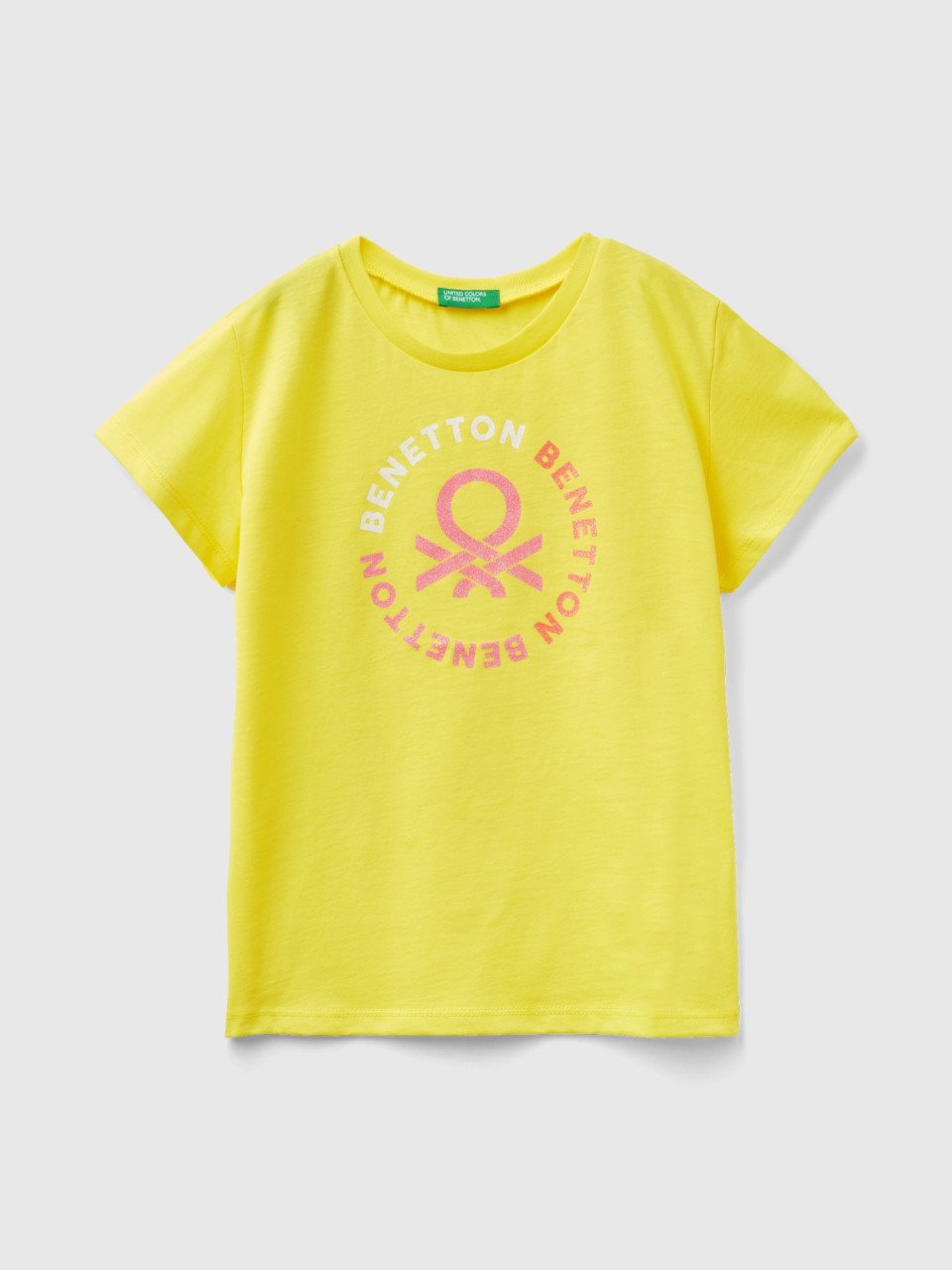 Benetton, T-shirt With Glittery Logo In Organic Cotton, Yellow, Kids