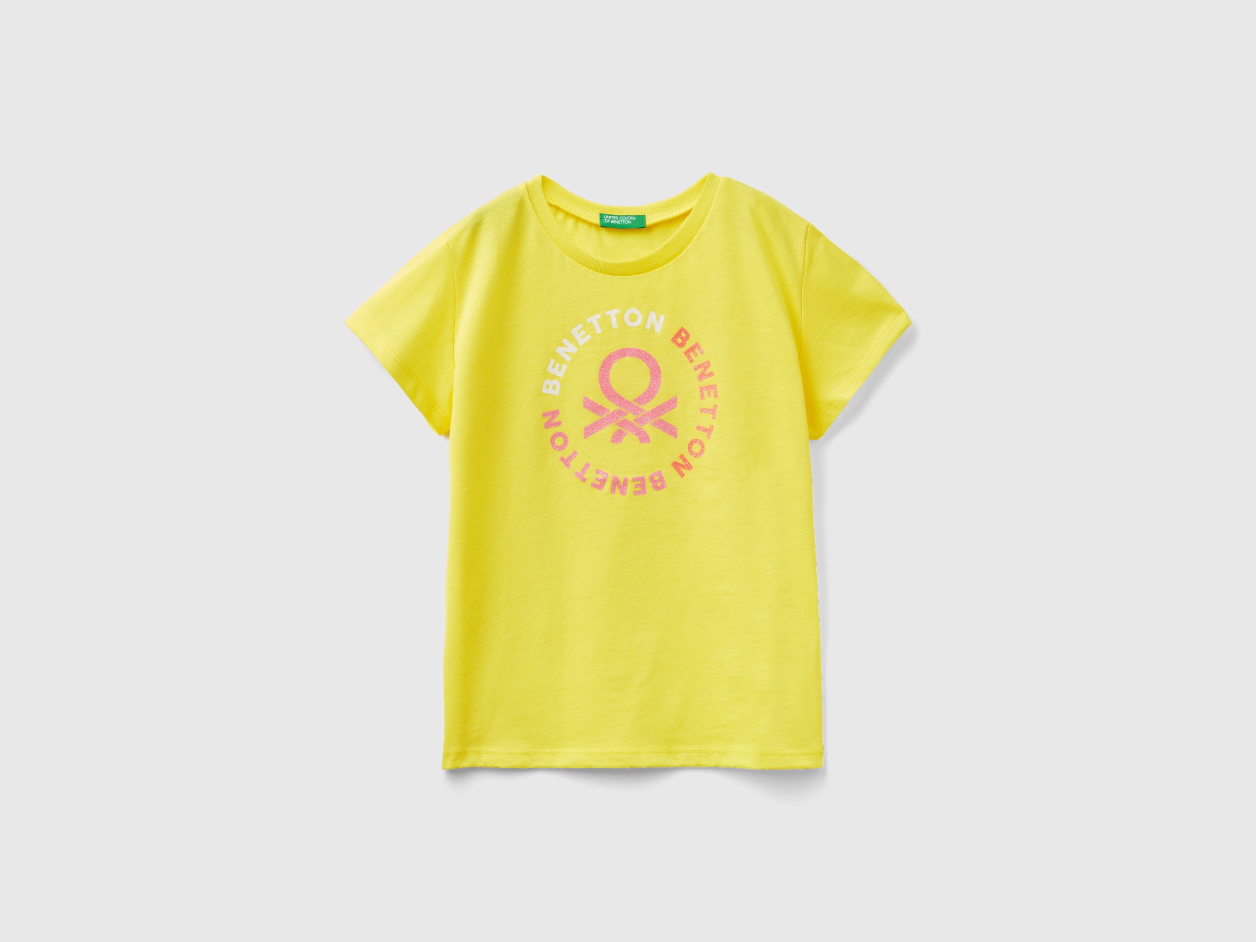 Image of Benetton, T-shirt With Glittery Logo In Organic Cotton, size L, Yellow, Kids