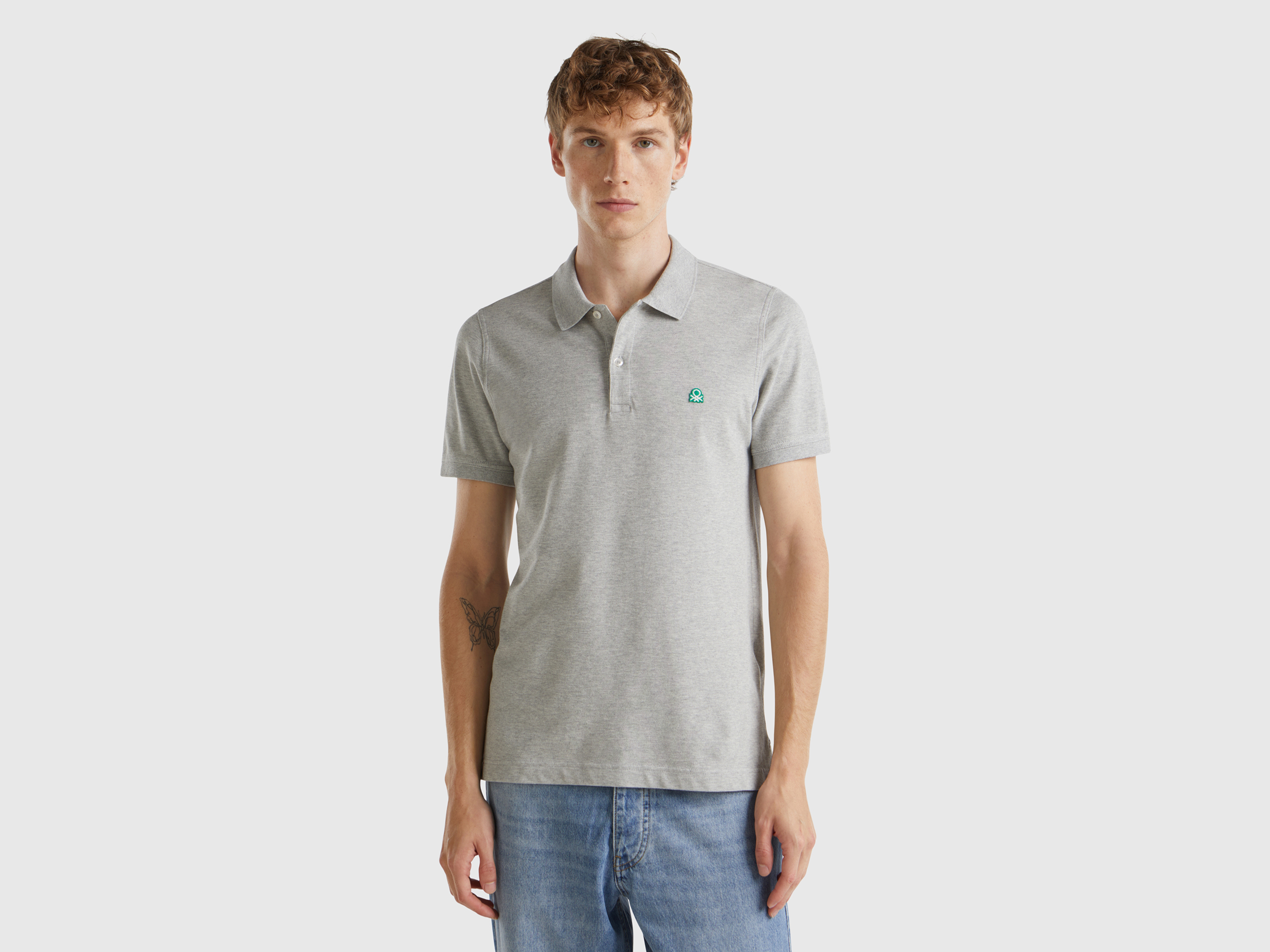 United Colors of Benetton Benetton, Πόλο Γκρι Μελάνζ Slim Fit, size XXL, Ανοιχτο Γκρι, Ανδρικά