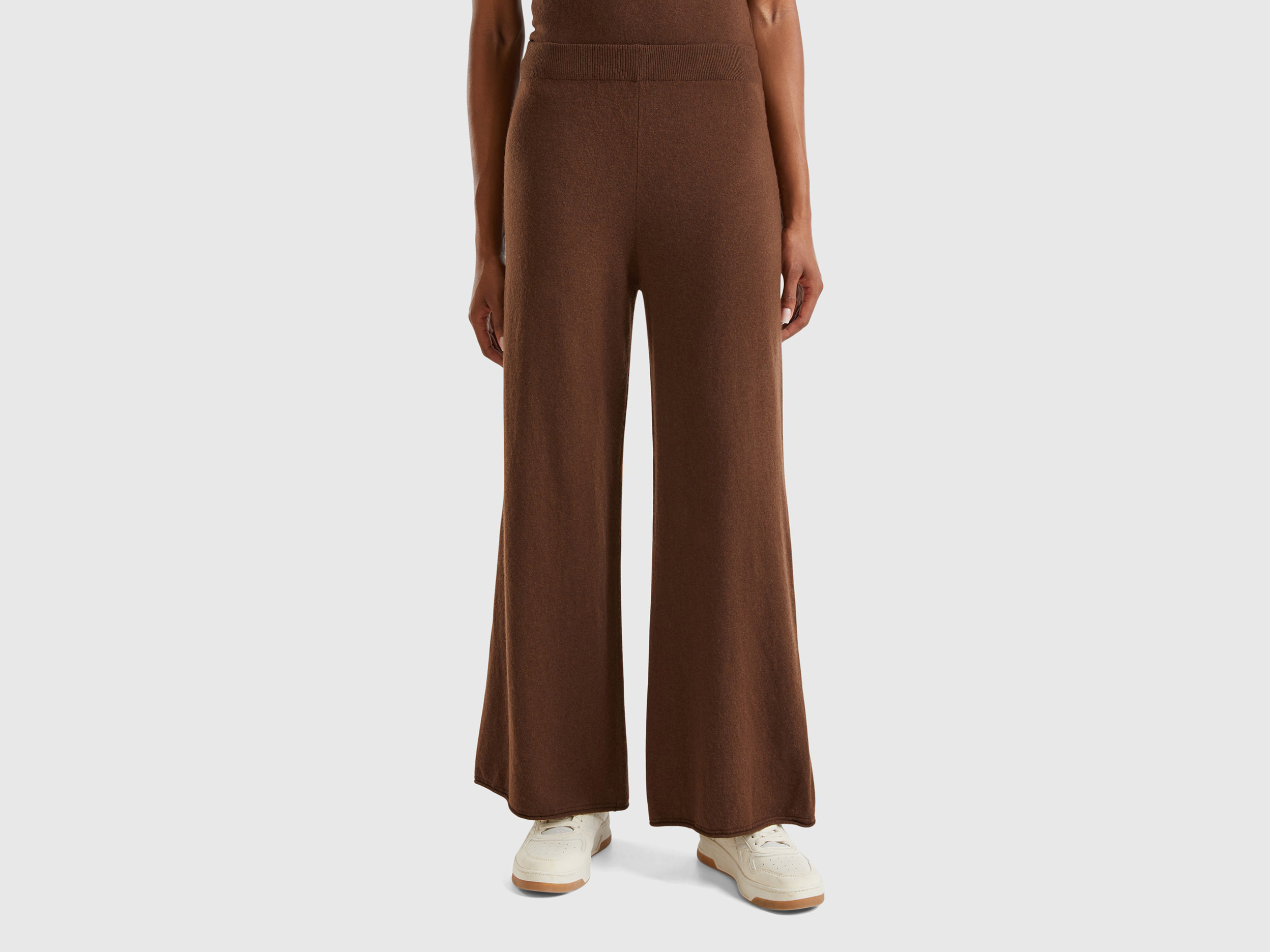 Benetton, Pantaloni Ampi Marrone Scuro In Misto Lana E Cashmere, Marrone Scuro, Donna