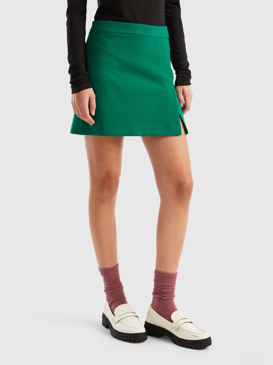 Benetton, Mini Skirt With Side Zipper, Green, Women