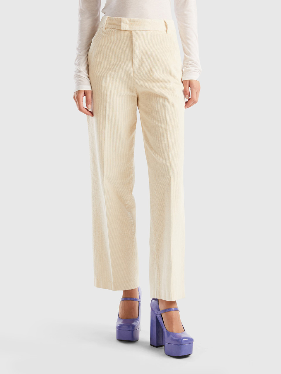Benetton, Straight Corduroy Trousers, Creamy White, Women