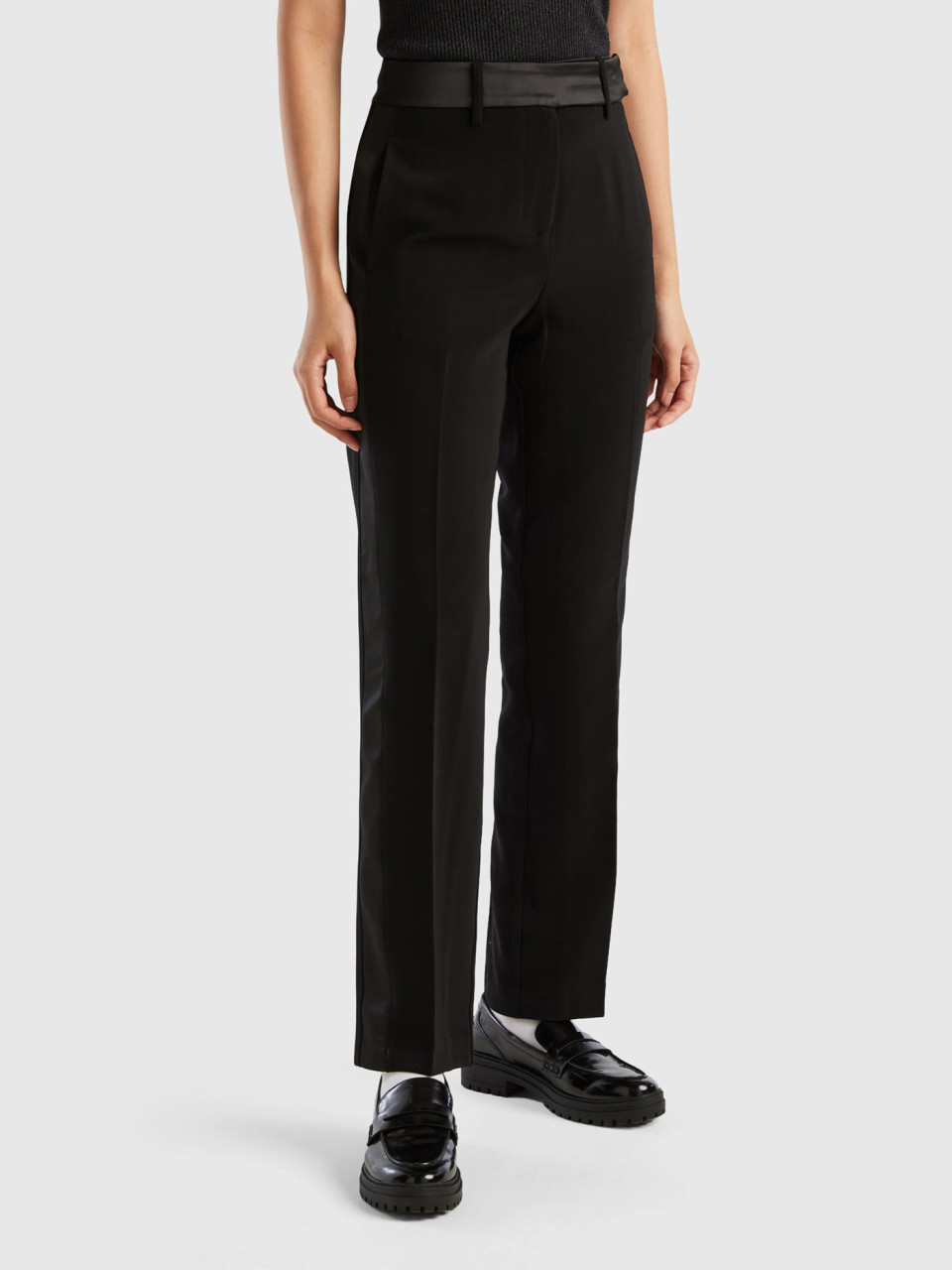 Benetton, Trousers With Satin Details, Black, Women