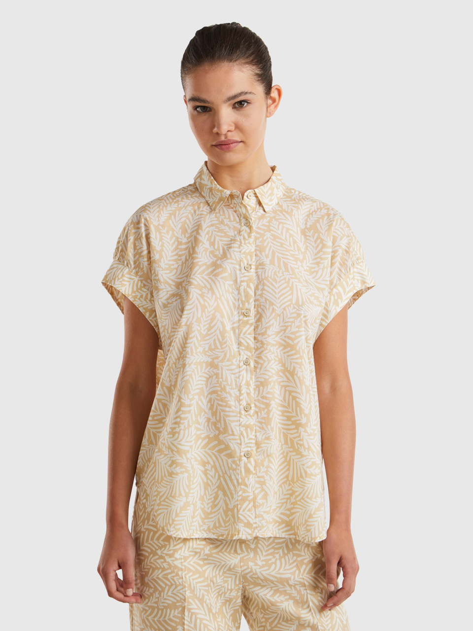 Benetton, Short Sleeve Patterned Shirt, Beige, Women