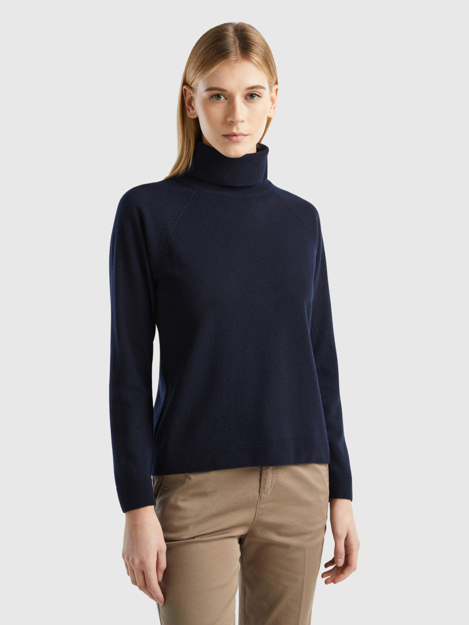 Benetton, Dark Blue Turtleneck Sweater In Cashmere And Wool Blend, Dark Blue, Women