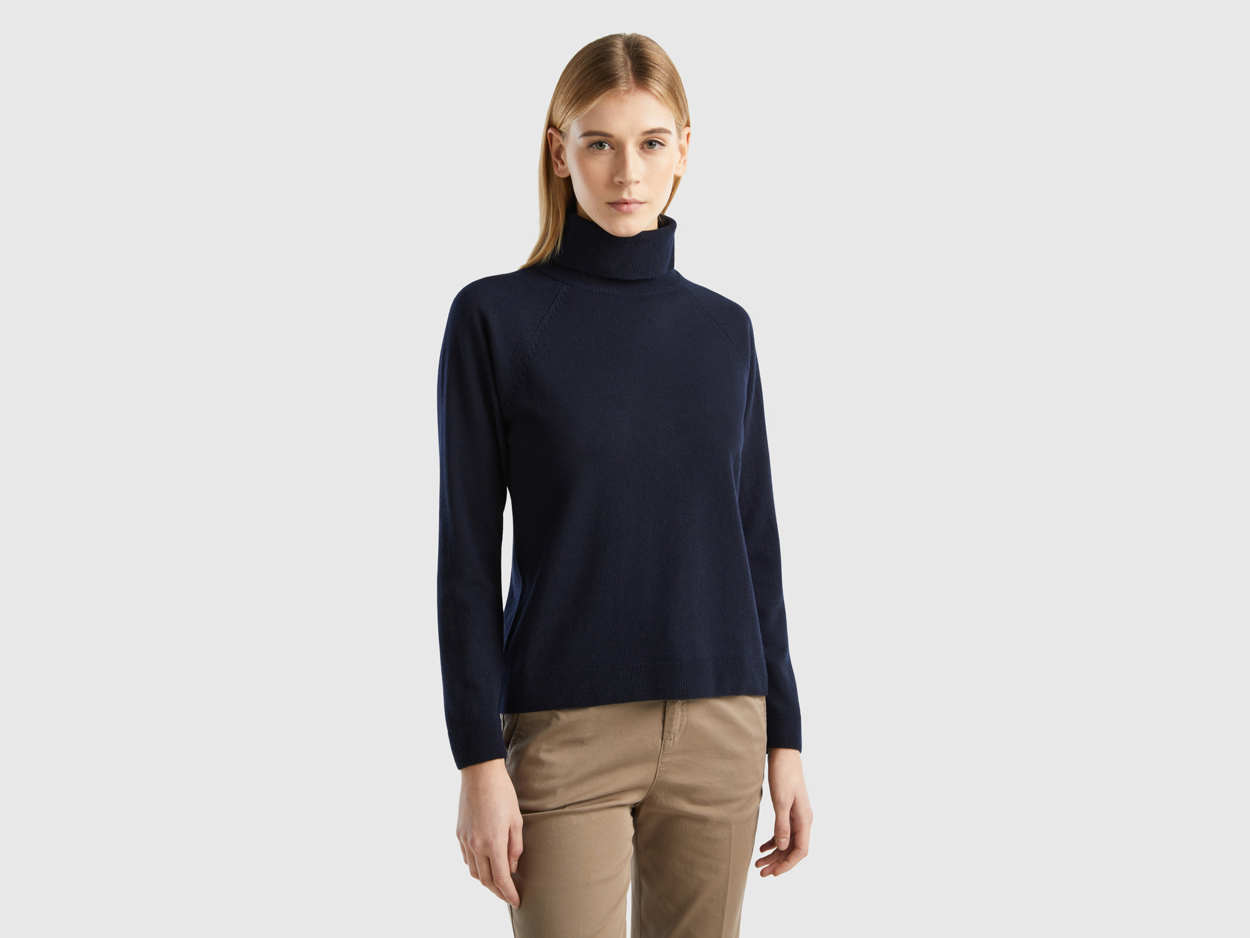 Benetton, Dark Blue Turtleneck Sweater In Cashmere And Wool Blend, size M, Dark Blue, Women