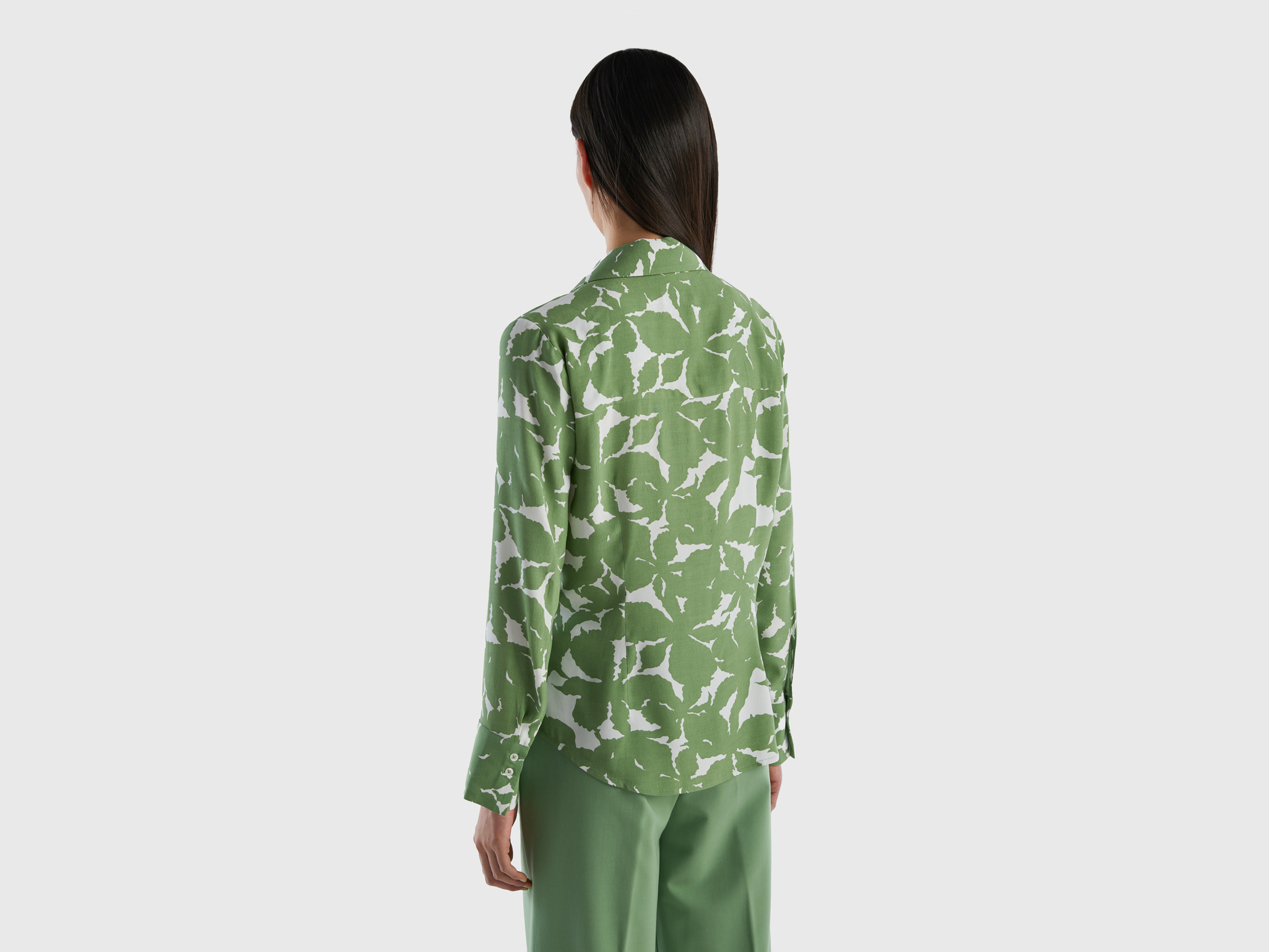 benetton, floral shirt in pure viscose, taglia l, green, women