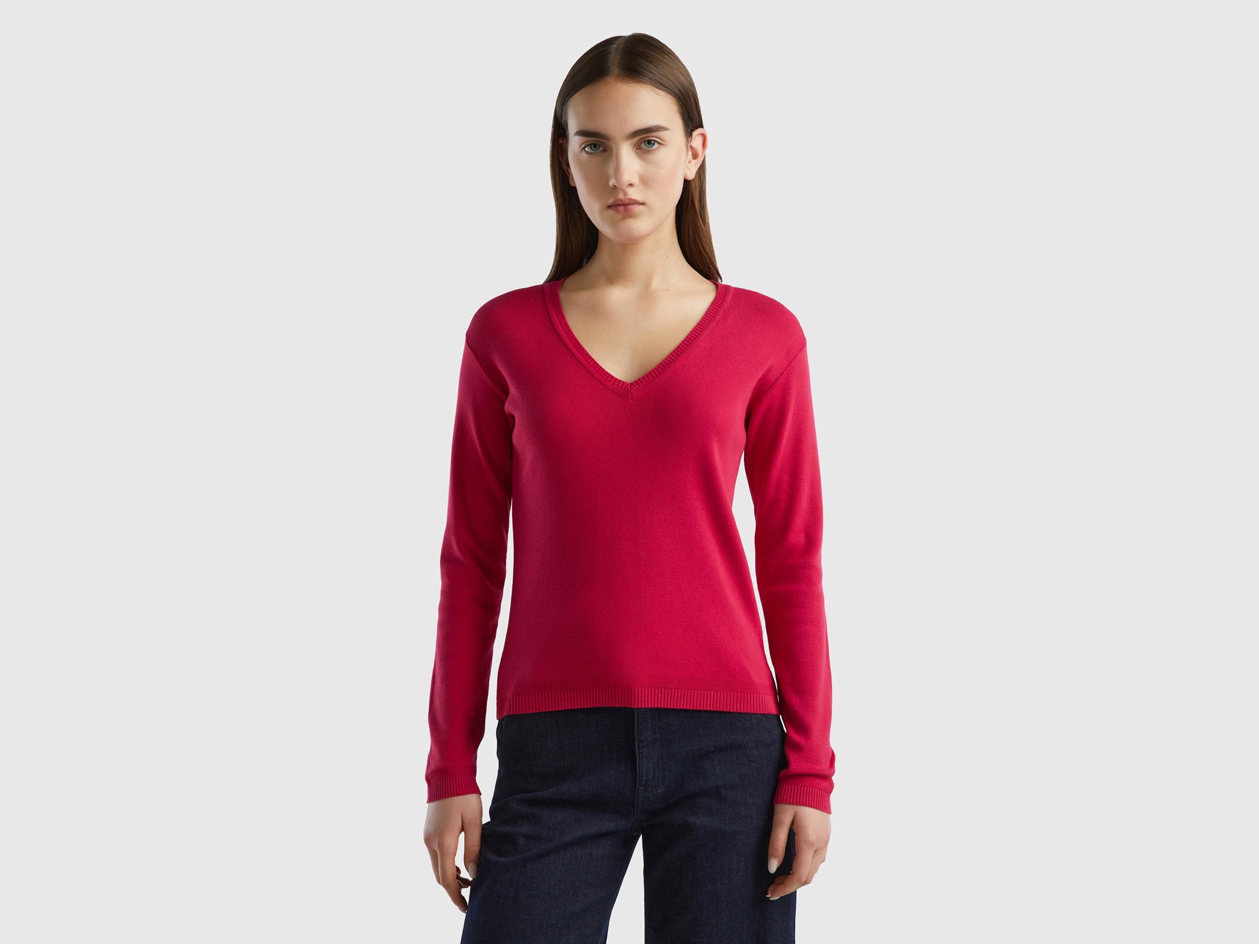 Benetton, V-neck Sweater In Pure Cotton, size M, Cyclamen, Women