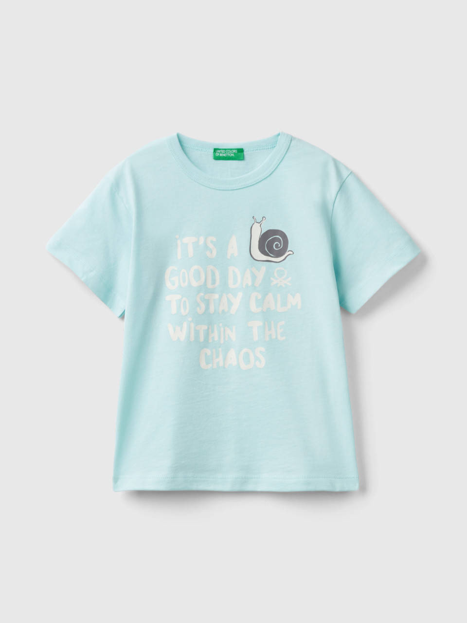 Benetton, T-shirt In Organic Cotton With Print, Aqua, Kids