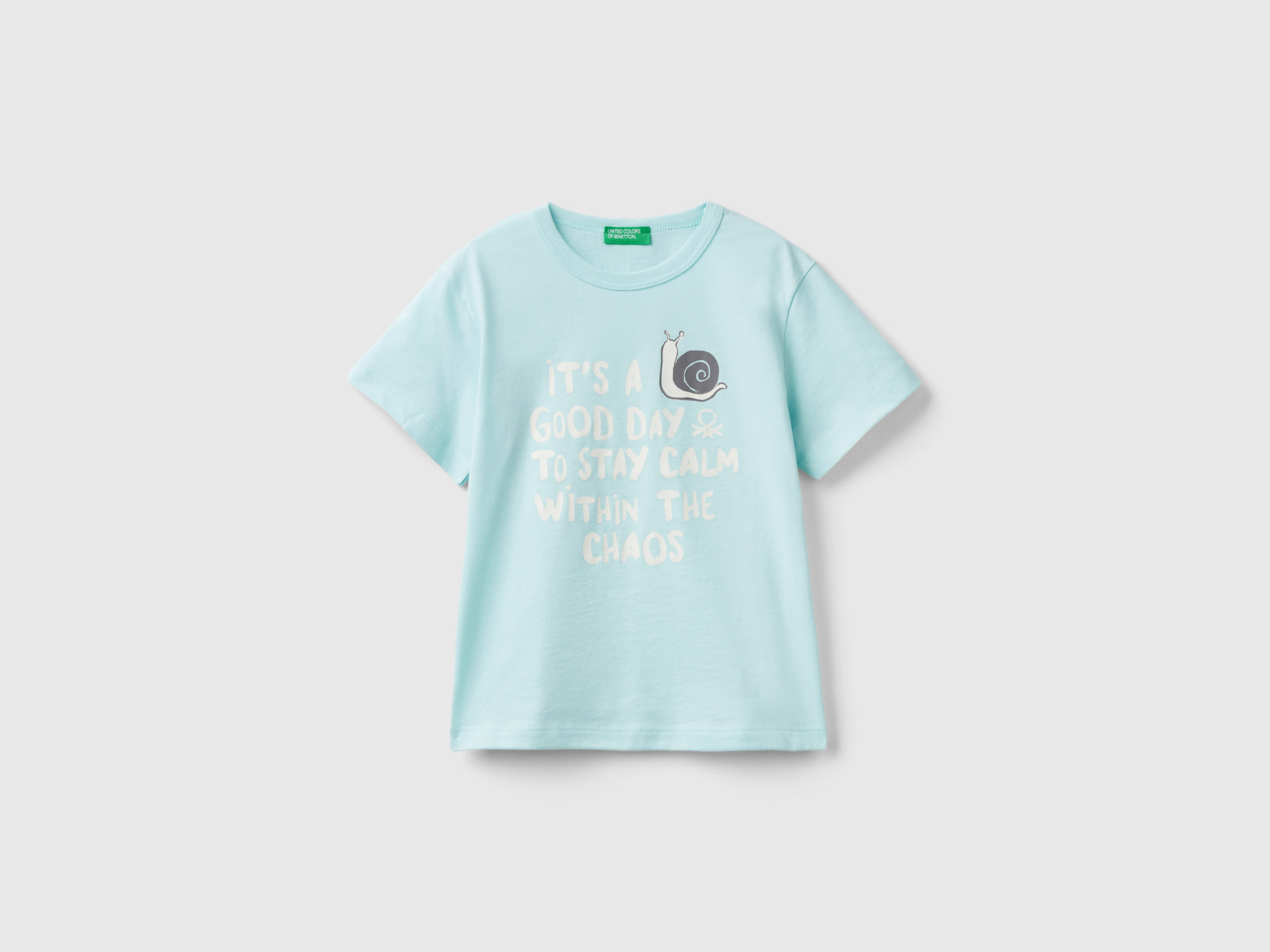 Image of Benetton, T-shirt In Organic Cotton With Print, size 116, Aqua, Kids