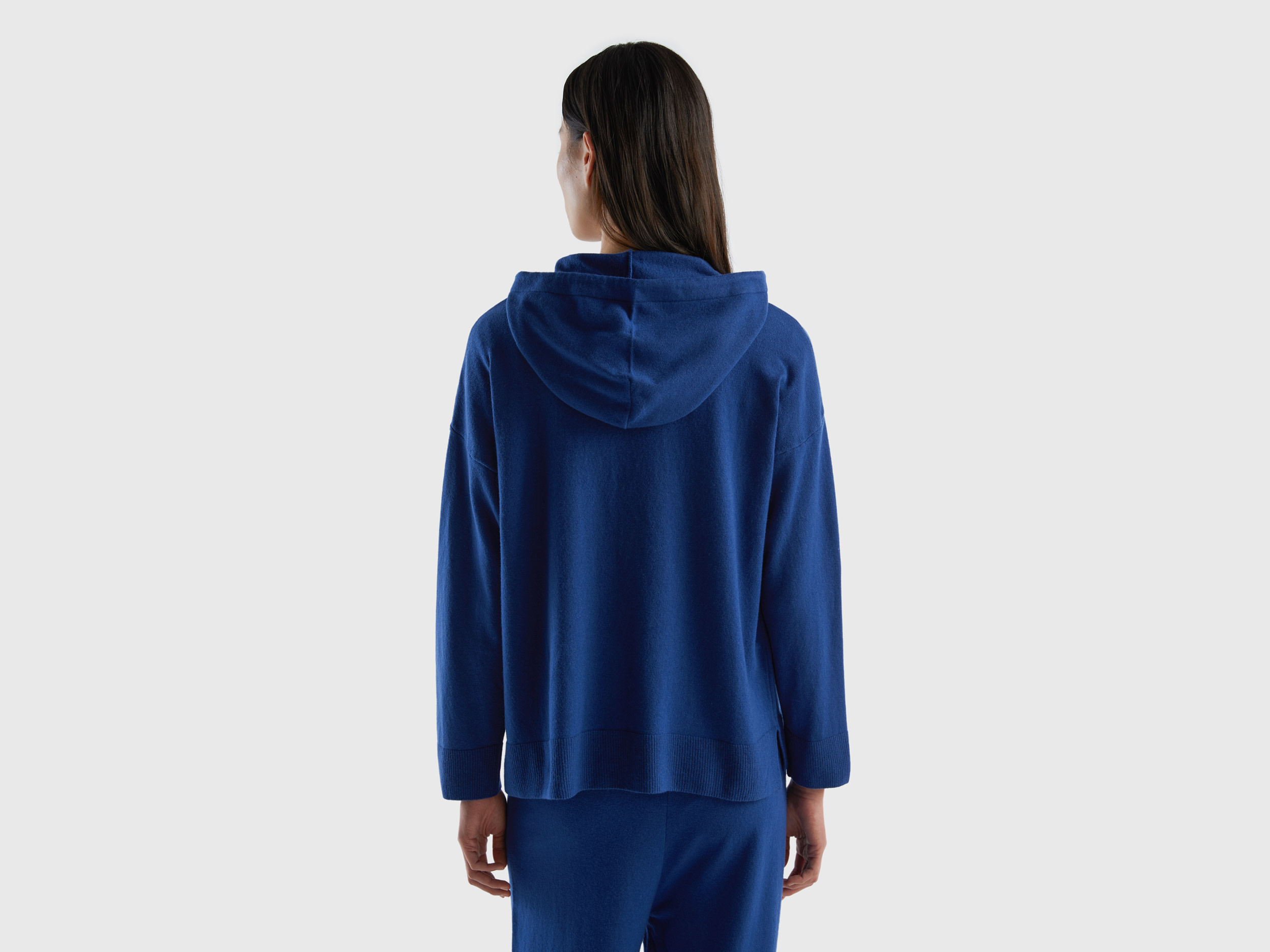 Benetton, Midnight Blue Sweater In Cashmere Blend With Hood, Taglia L, Dark Blue, Women