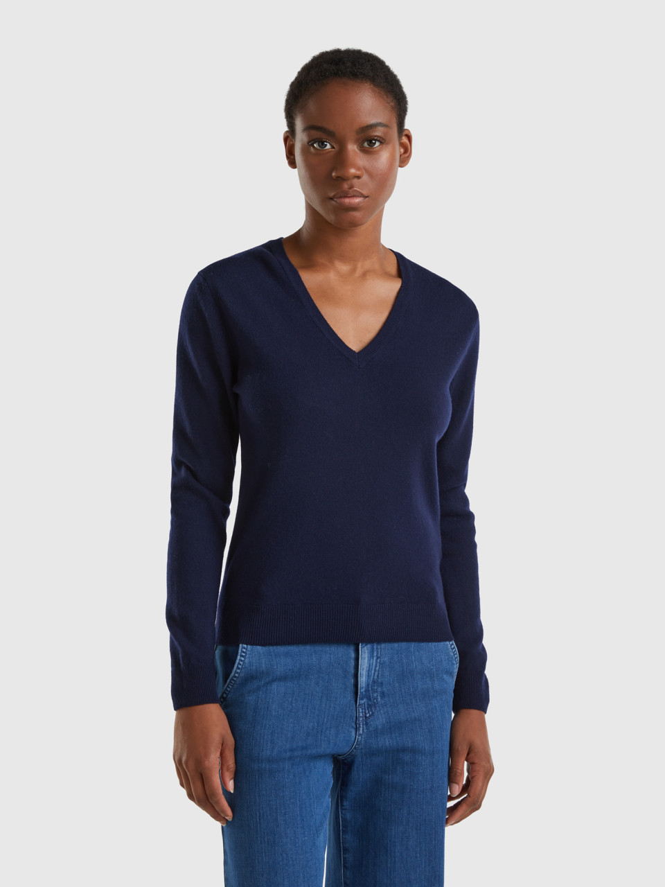 Benetton, Dark Blue V-neck Sweater In Pure Merino Wool, Dark Blue, Women