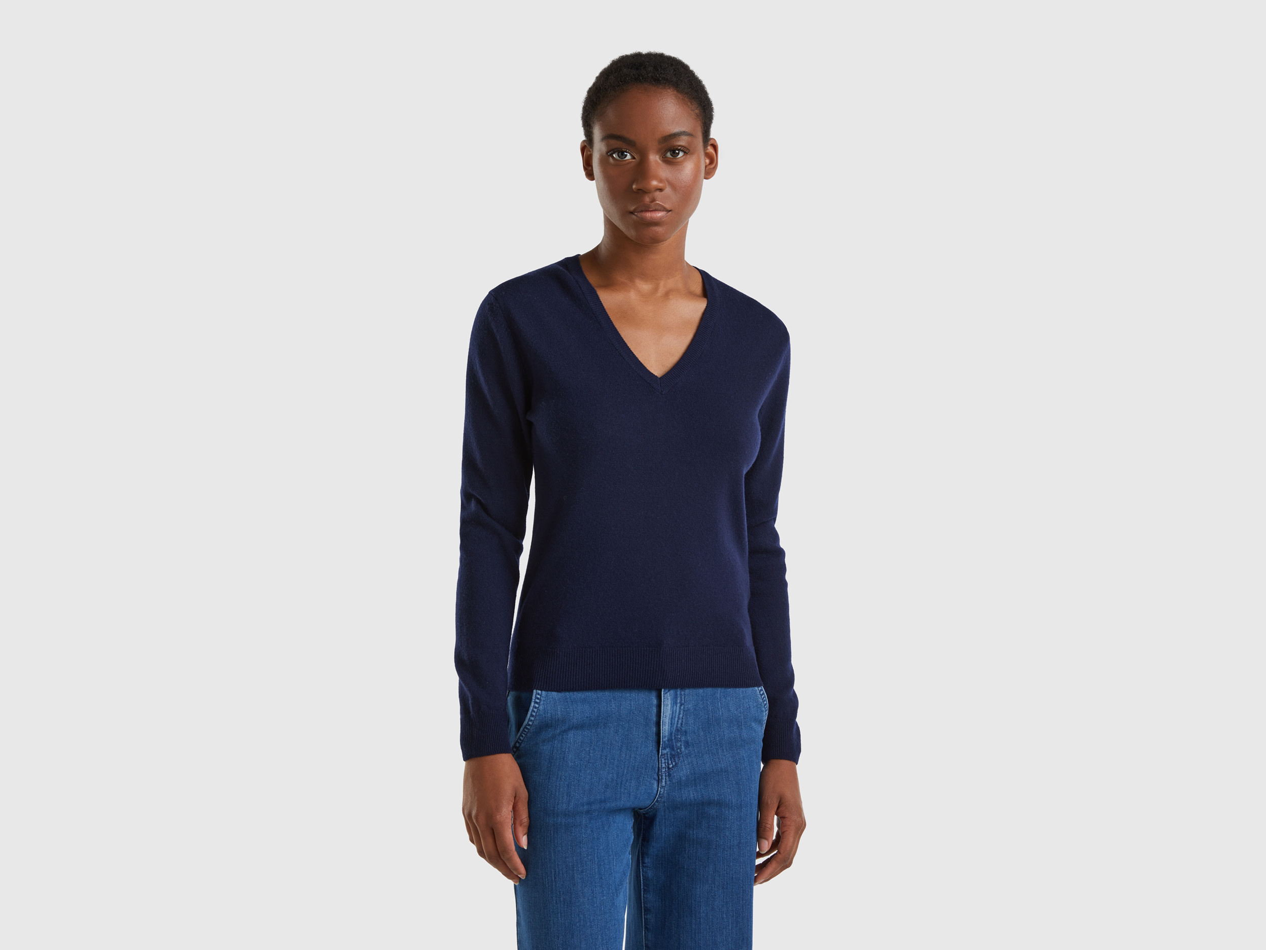 Benetton, Dark Blue V-neck Sweater In Pure Merino Wool, size L, Dark Blue, Women