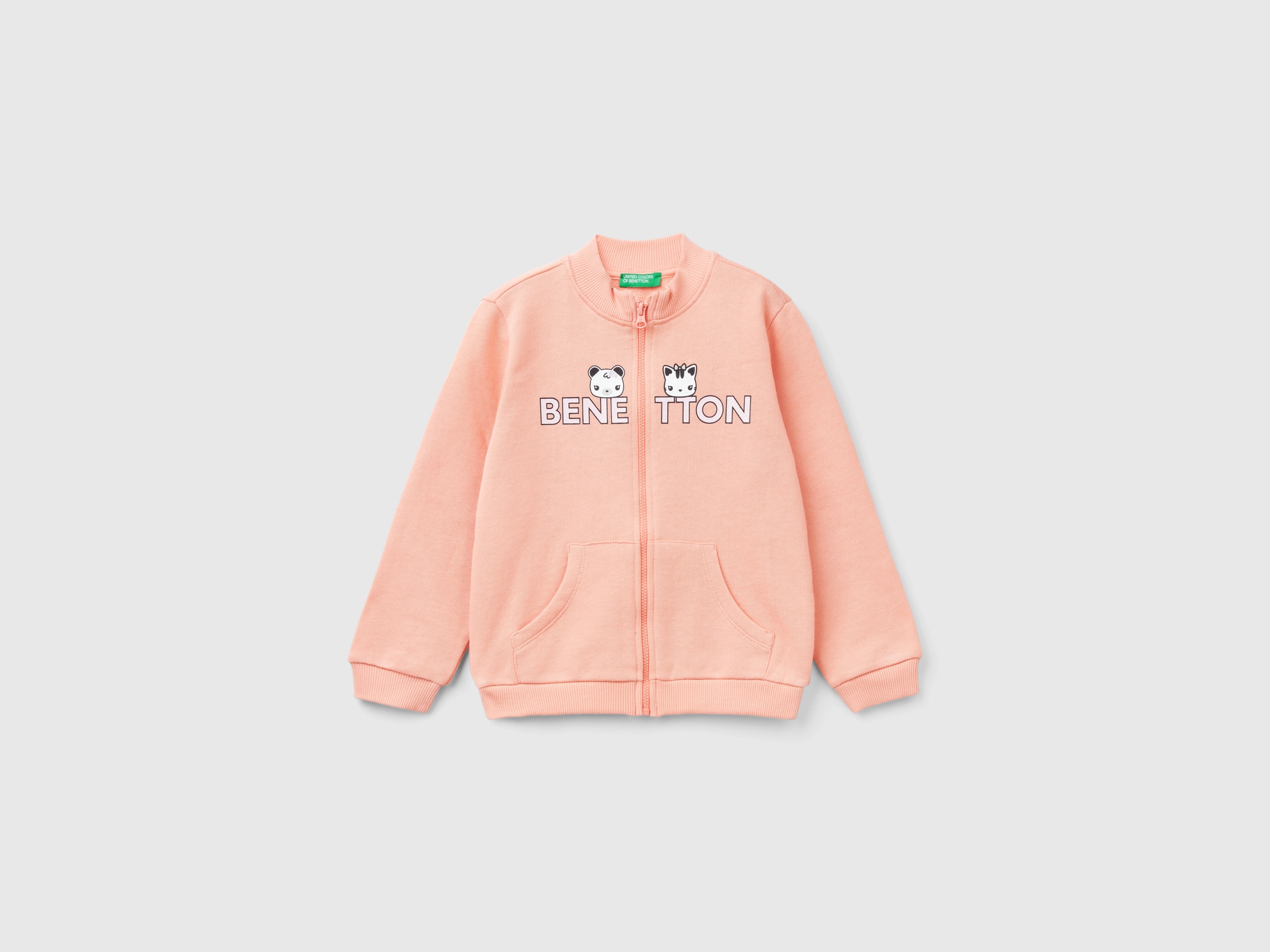 Benetton, Felpa Con Zip In Cotone Bio, Pesca, Bambini