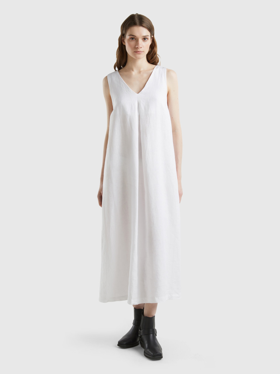 Benetton, Sleeveless Dress In Pure Linen, White, Women