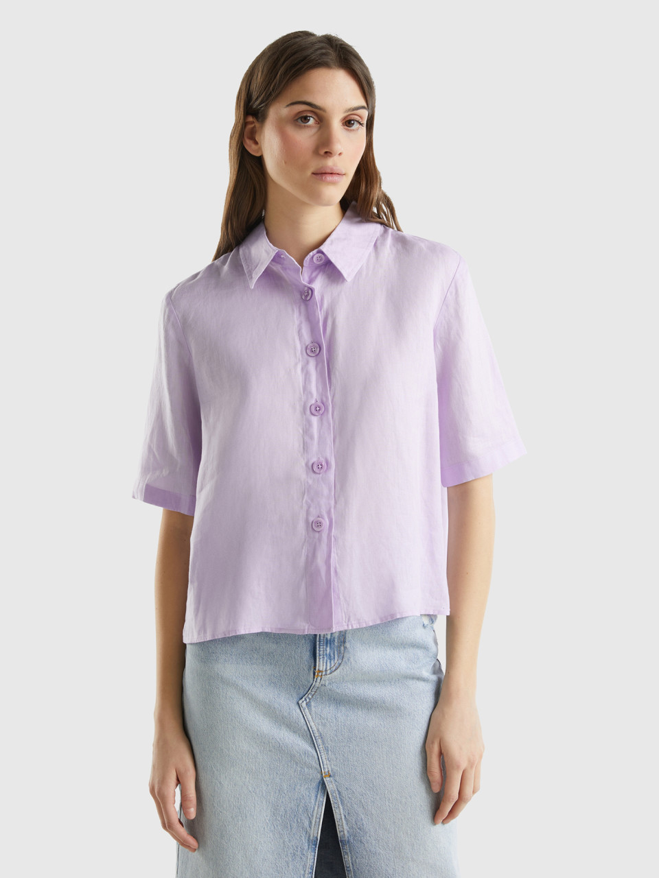 Benetton, Short Shirt In Pure Linen, Lilac, Women