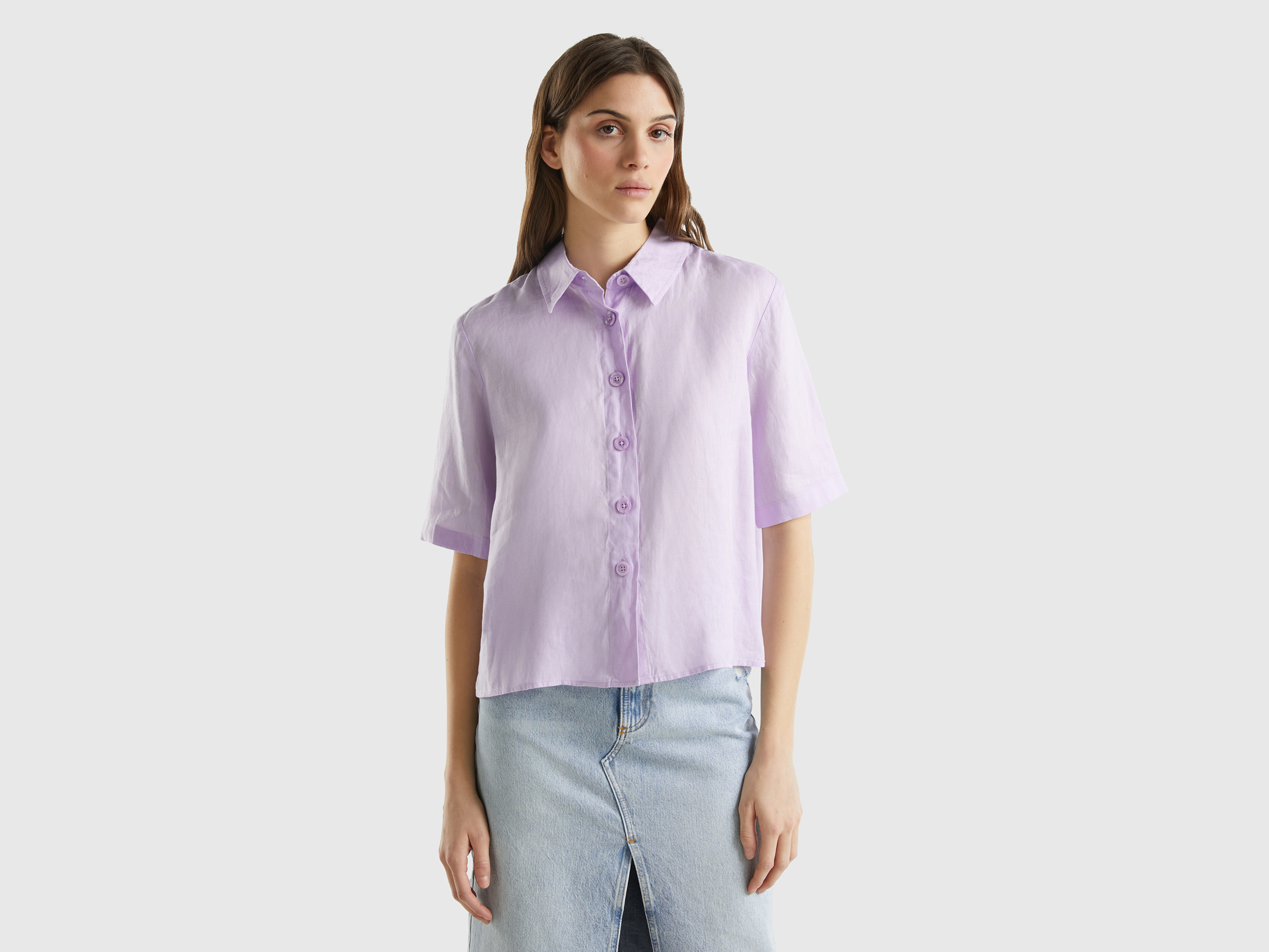 Benetton, Camicia Corta In Puro Lino, Lilla, Donna