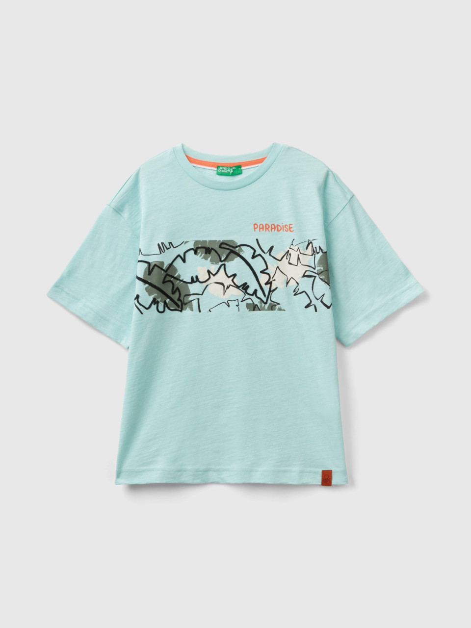 Benetton, T-shirt With Exotic Print, Aqua, Kids