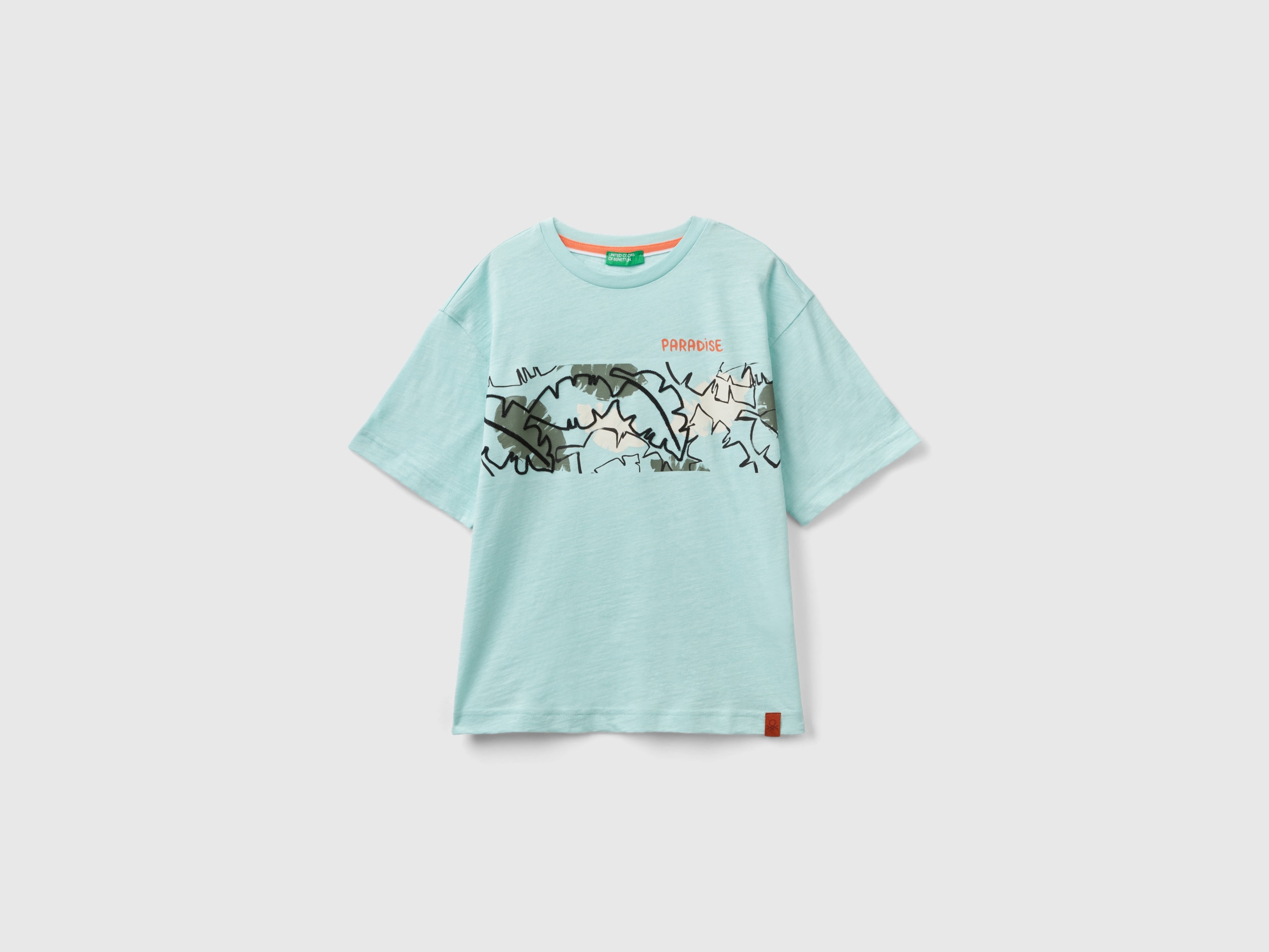 Benetton, T-shirt Con Stampa Esotica, Verde Acqua, Bambini