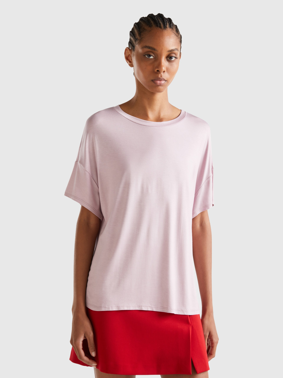 Benetton, T-shirt En Viscose Durable Stretch, Rose Pâle, Femme