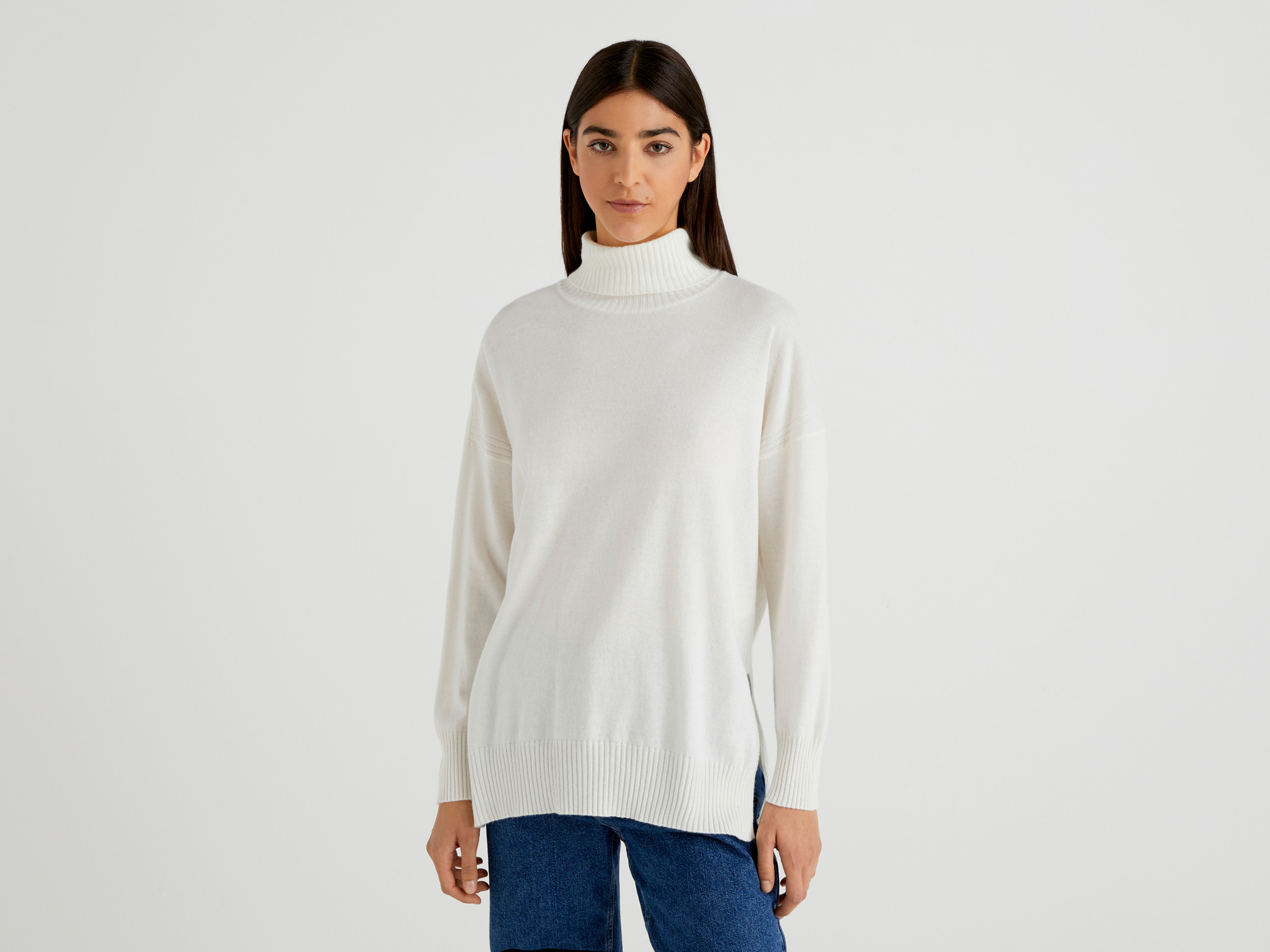 Benetton, Dolcevita Over Fit In Misto Cashmere, Bianco Panna, Donna