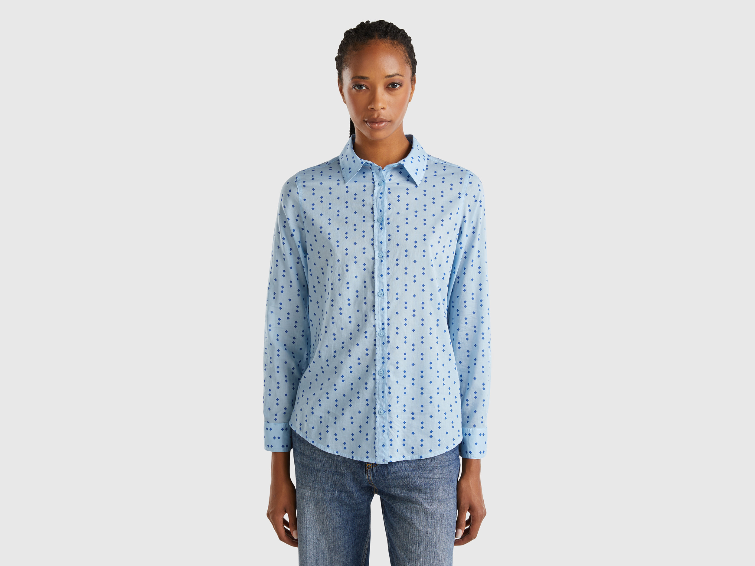 Benetton, Camicia Fantasia 100% Cotone, Azzurro, Donna