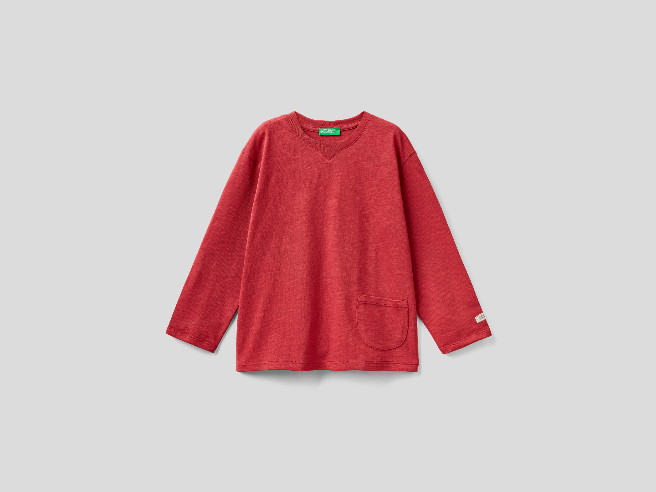 Benetton, T shirt Con Taschino In Cotone Bio, Rosso, Bambini