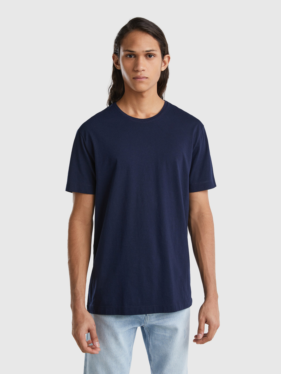 Benetton, T-shirt En Mélange De Coton Et De Cachemire, Bleu Foncé, Homme