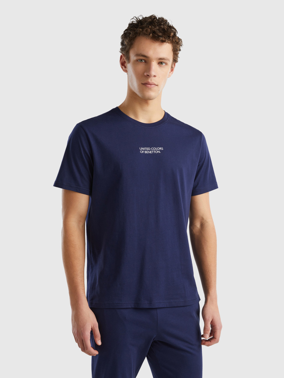 Benetton, T-shirt Con Stampa Logo, Blu Scuro, Uomo