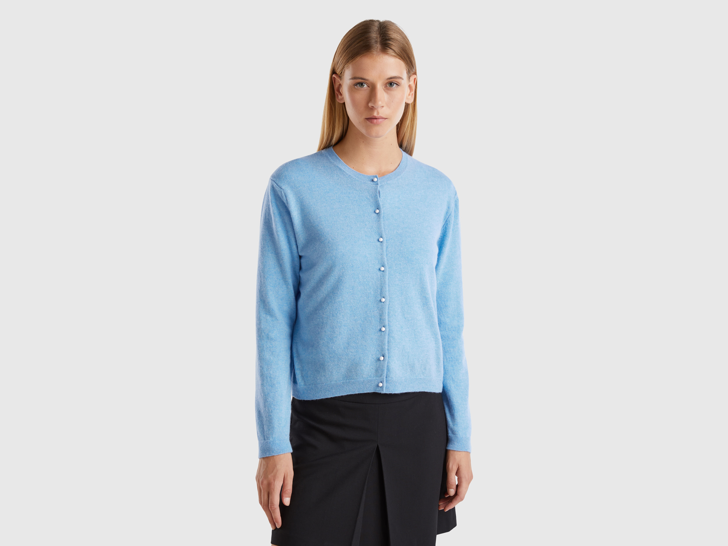 Benetton, Cardigan Azzurro Mélange In Pura Lana Merino, Azzurro, Donna
