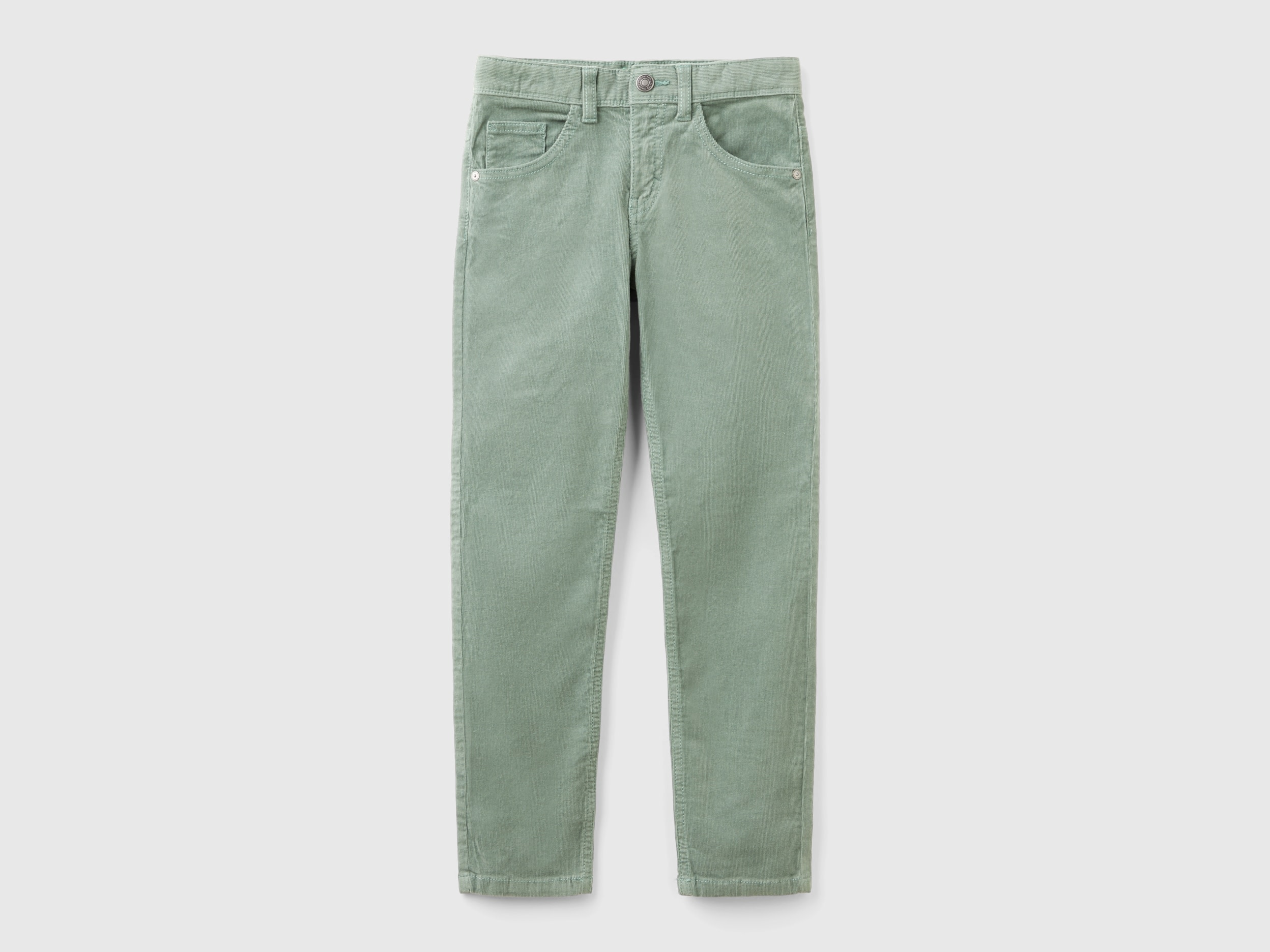 Benetton, Pantaloni Slim Fit In Velluto Stretch, Verde Chiaro, Bambini