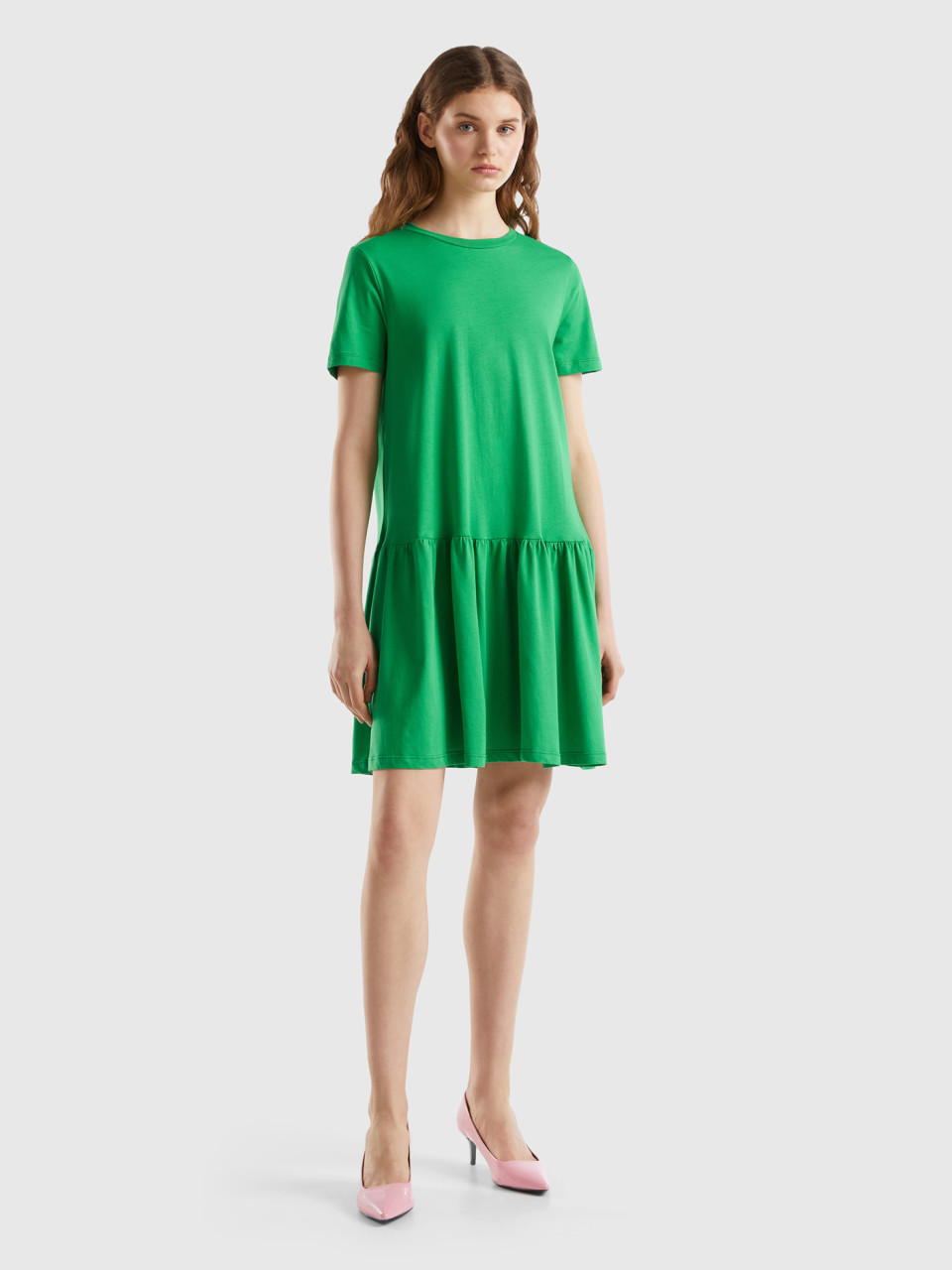 Benetton, Short Dress In Long Fiber Cotton, Green, Women
