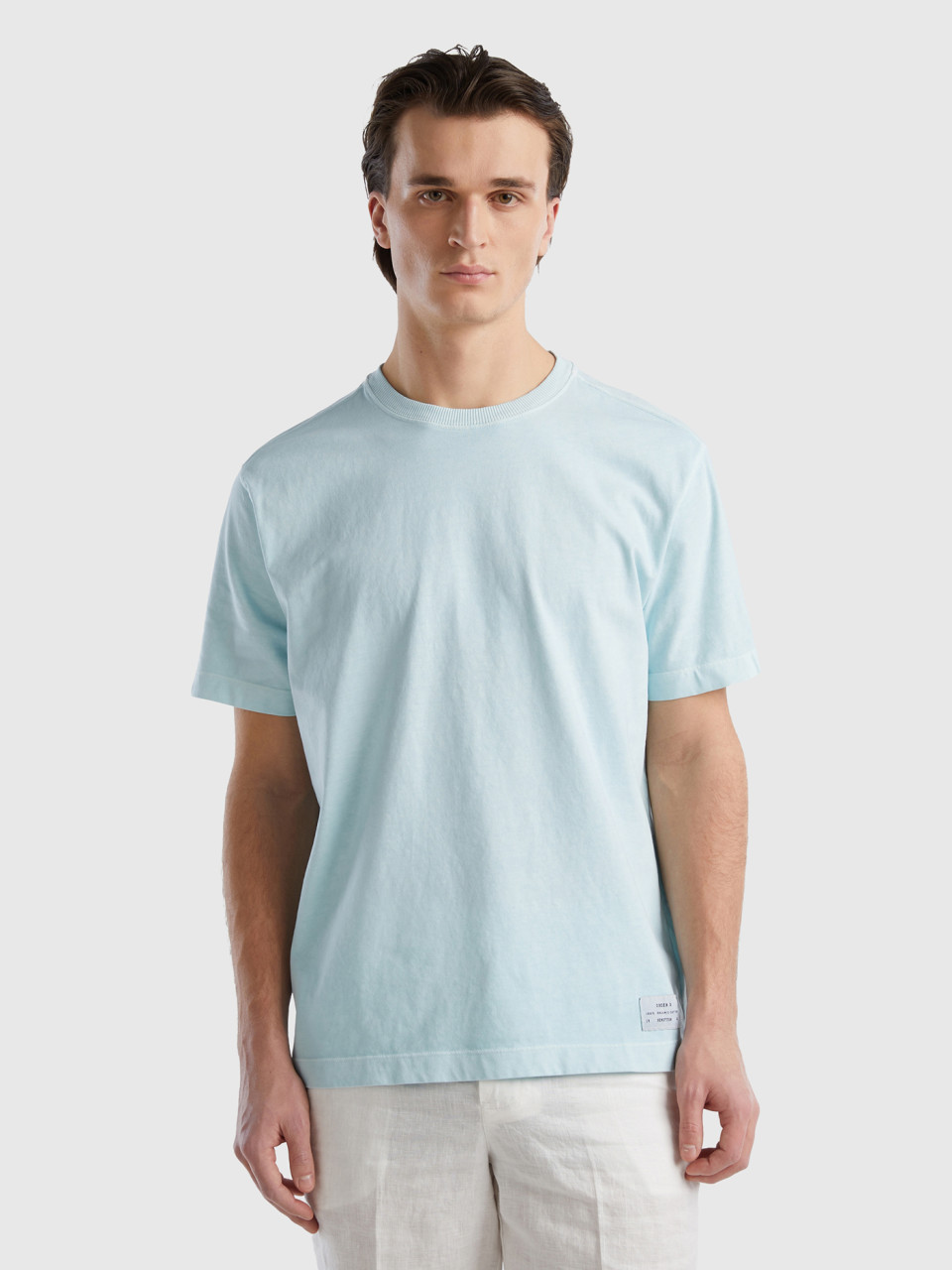 Benetton, Camiseta De Cuello Redondo De 100 % Algodón Orgánico, Verde Agua, Hombre