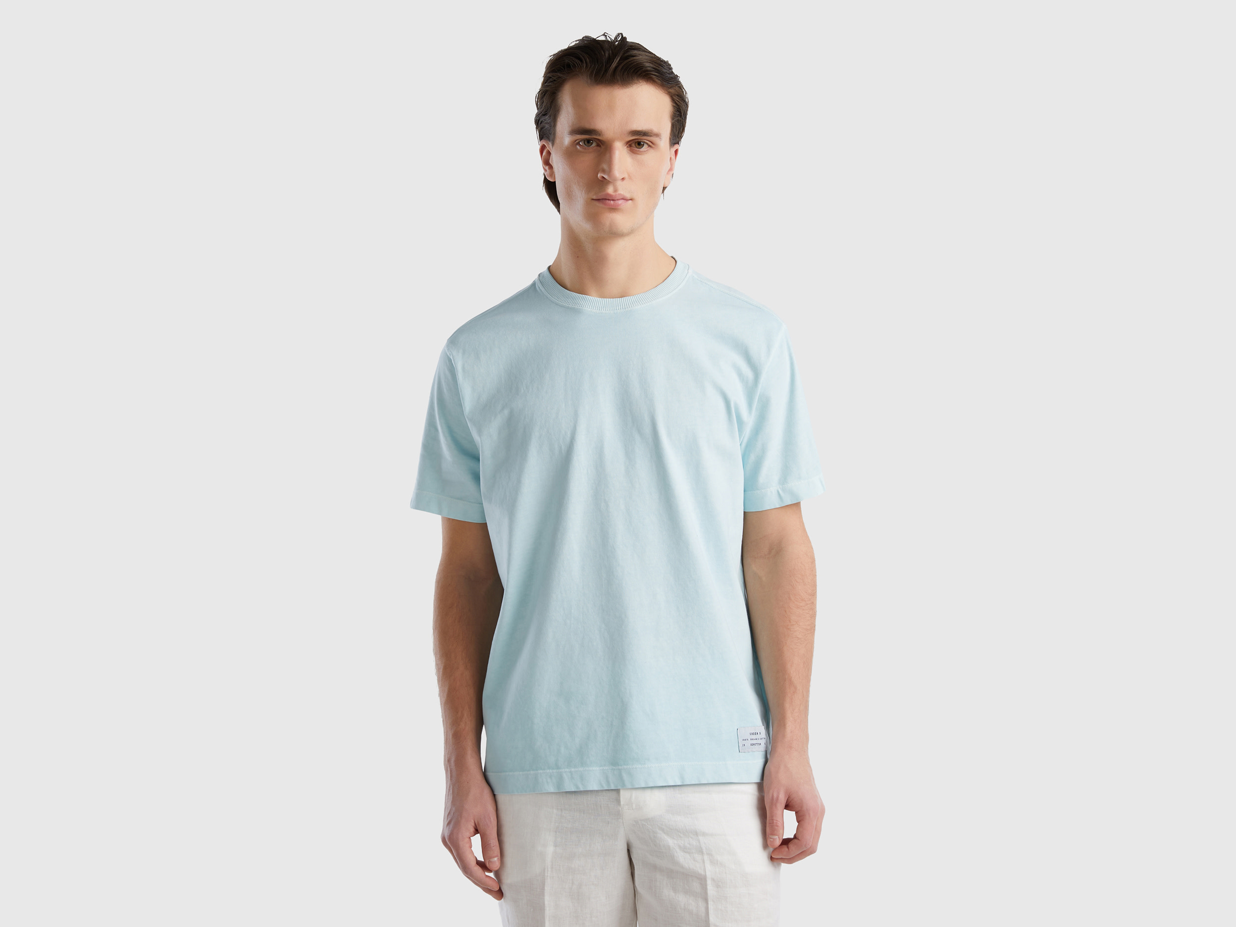 Image of Benetton, 100% Organic Cotton Crew Neck T-shirt, size XS, Aqua, Men