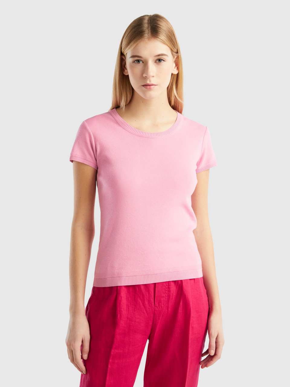 Benetton, Short Sleeve Sweater In 100% Cotton, Pastel Pink, Women