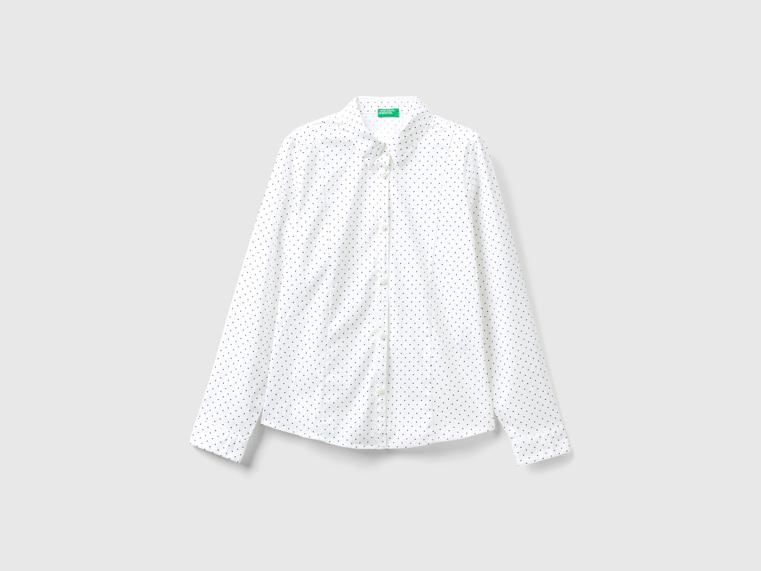 Benetton, Polka Dot Shirt In Stretch Cotton Blend, size XL, White, Kids