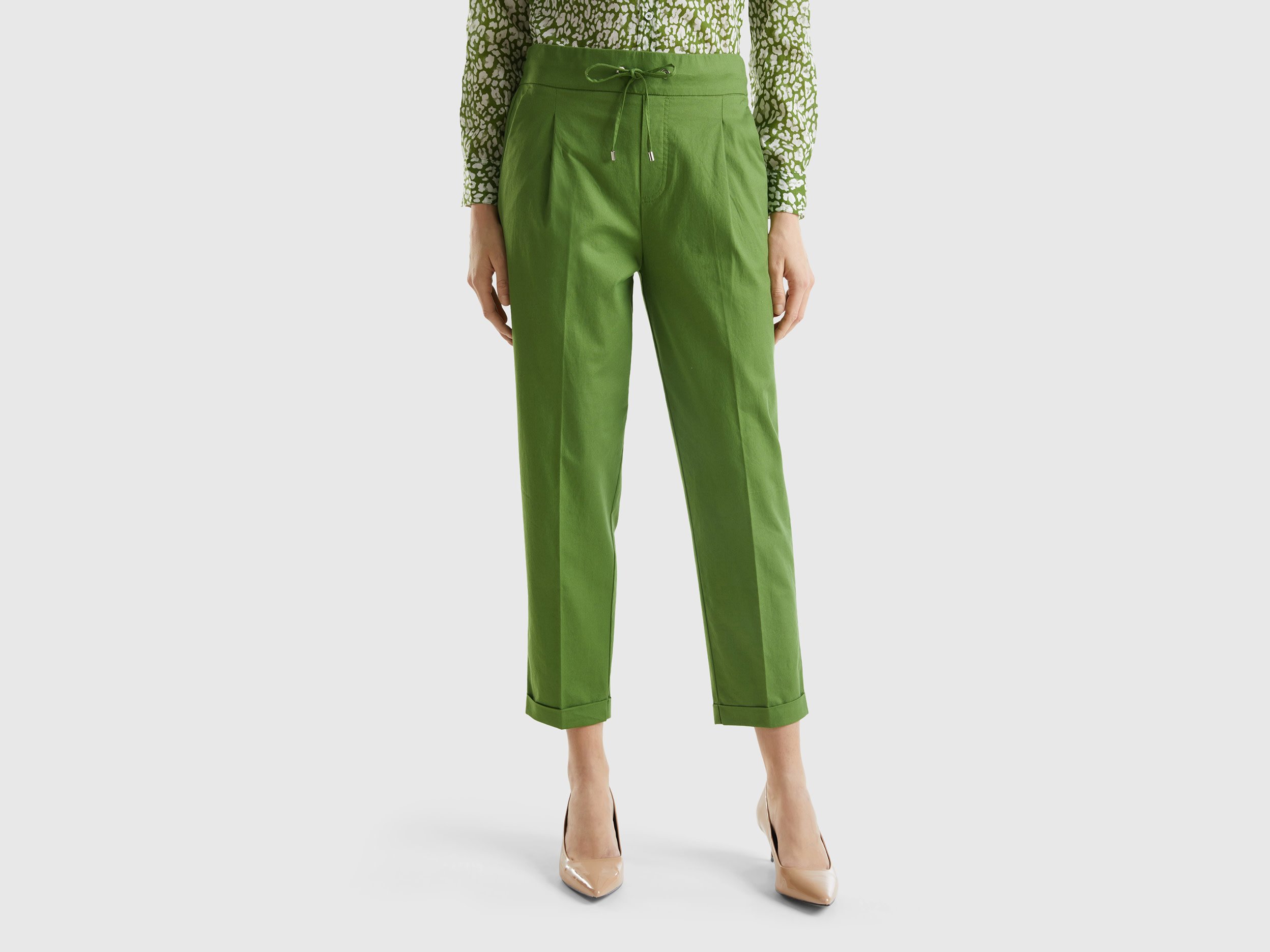 Benetton, Joggers In Cotone Elasticizzato, Verde Militare, Donna