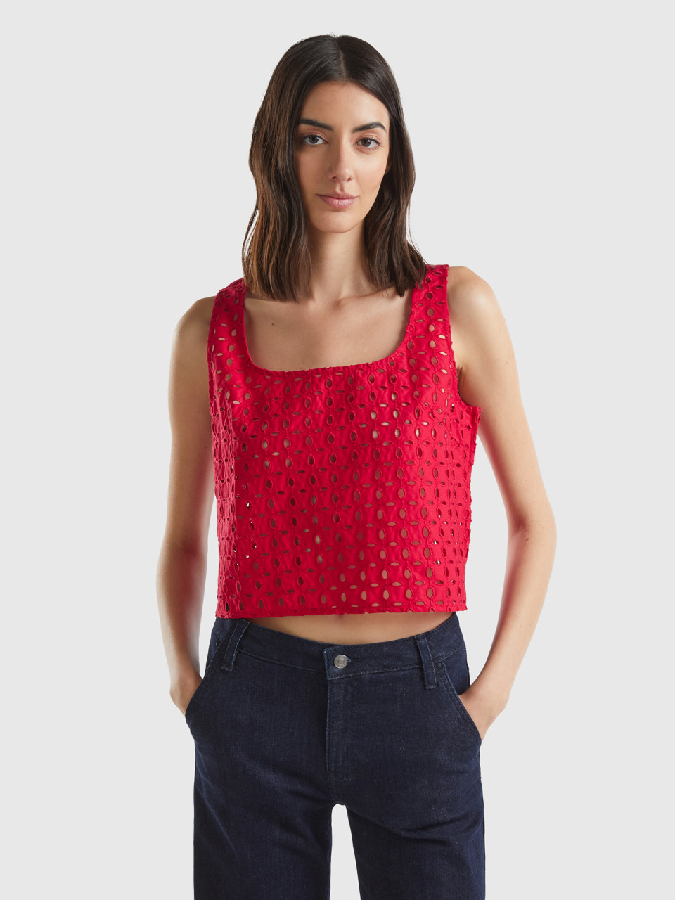 Benetton, Sleeveless Blouse In Broderie Anglaise, Red, Women
