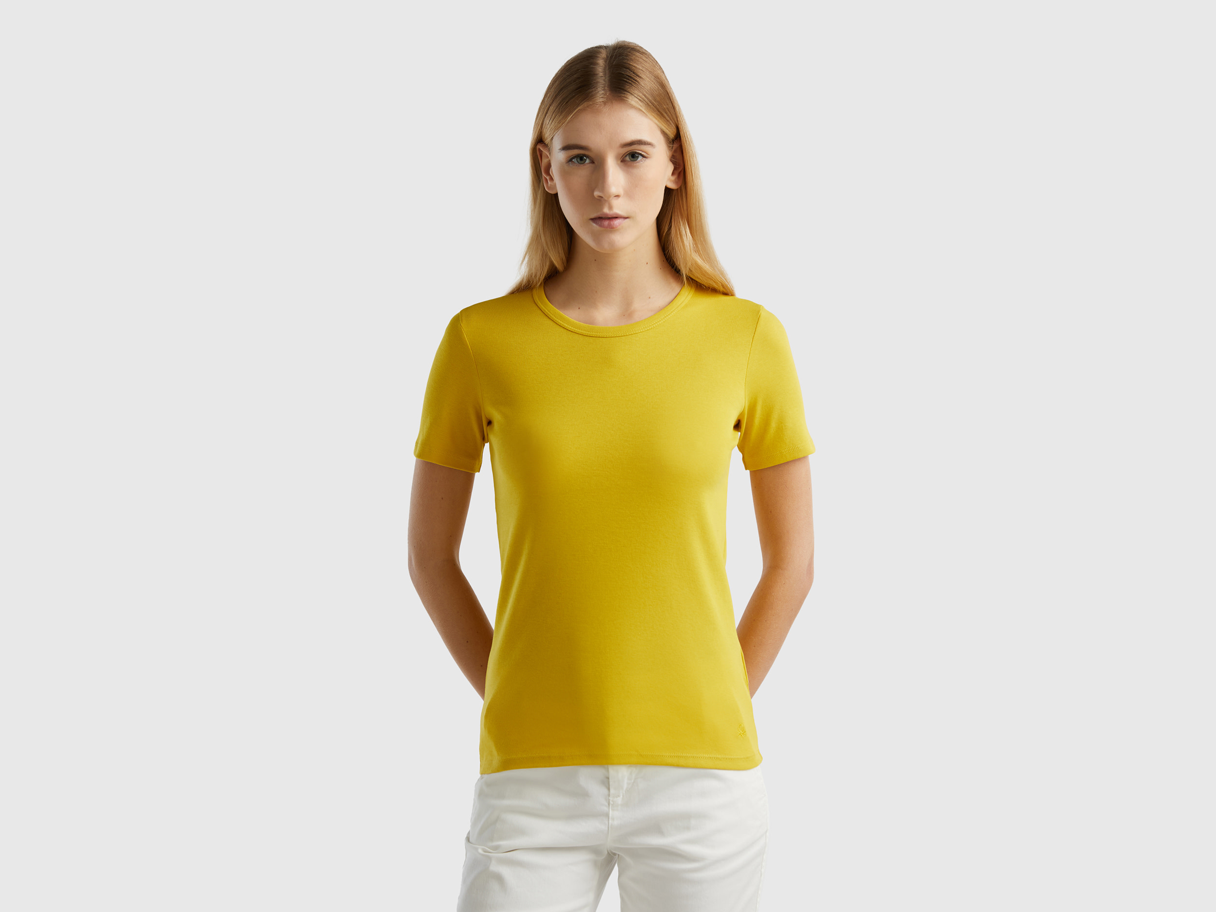 Benetton, Long Fiber Cotton T-shirt, size M, Yellow, Women