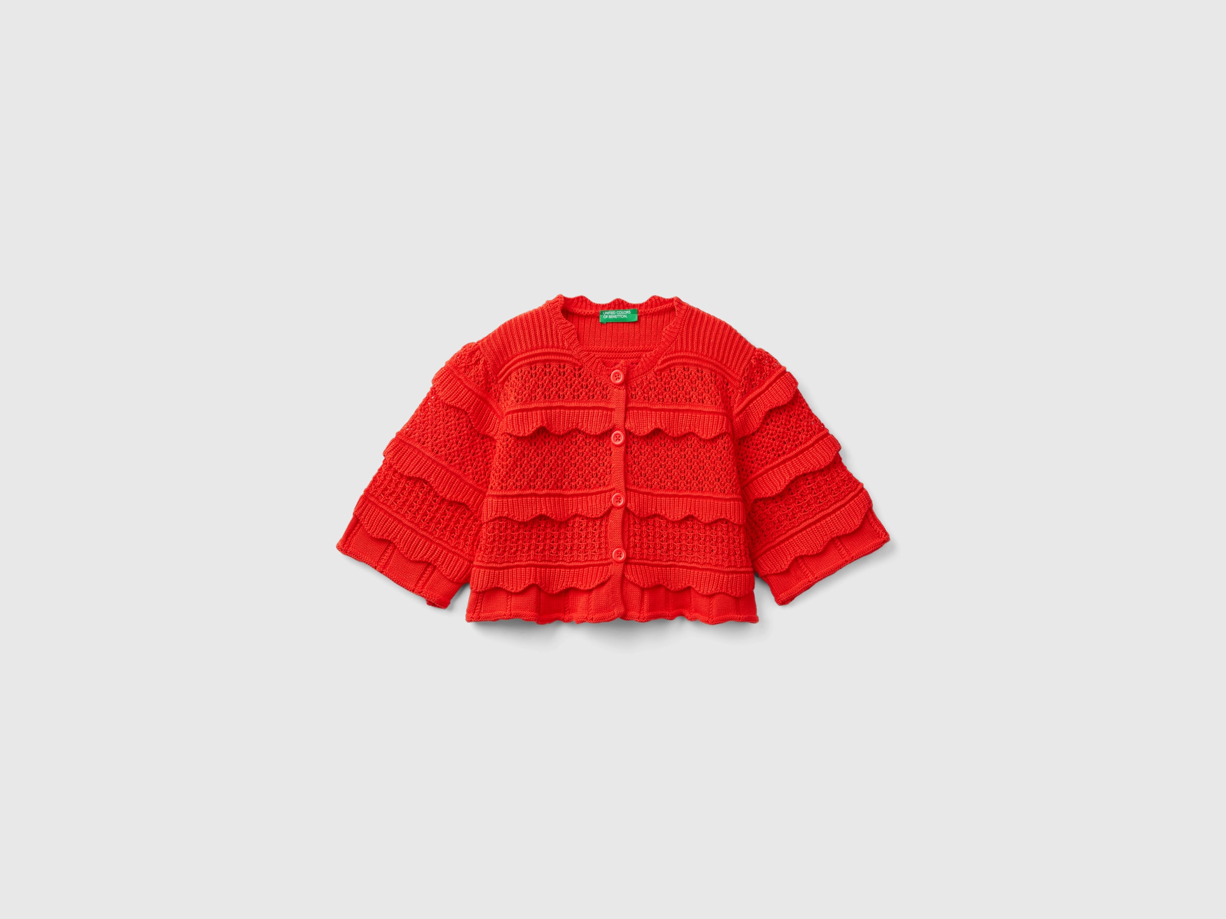 Benetton, Cardigan Lavorato Con Bottoni, Rosso, Bambini