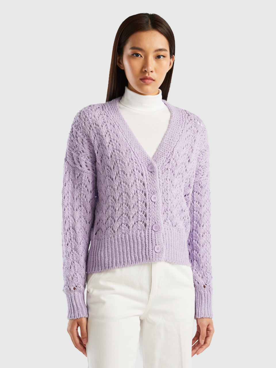 Benetton, Crochet Effect Cardigan, Lilac, Women