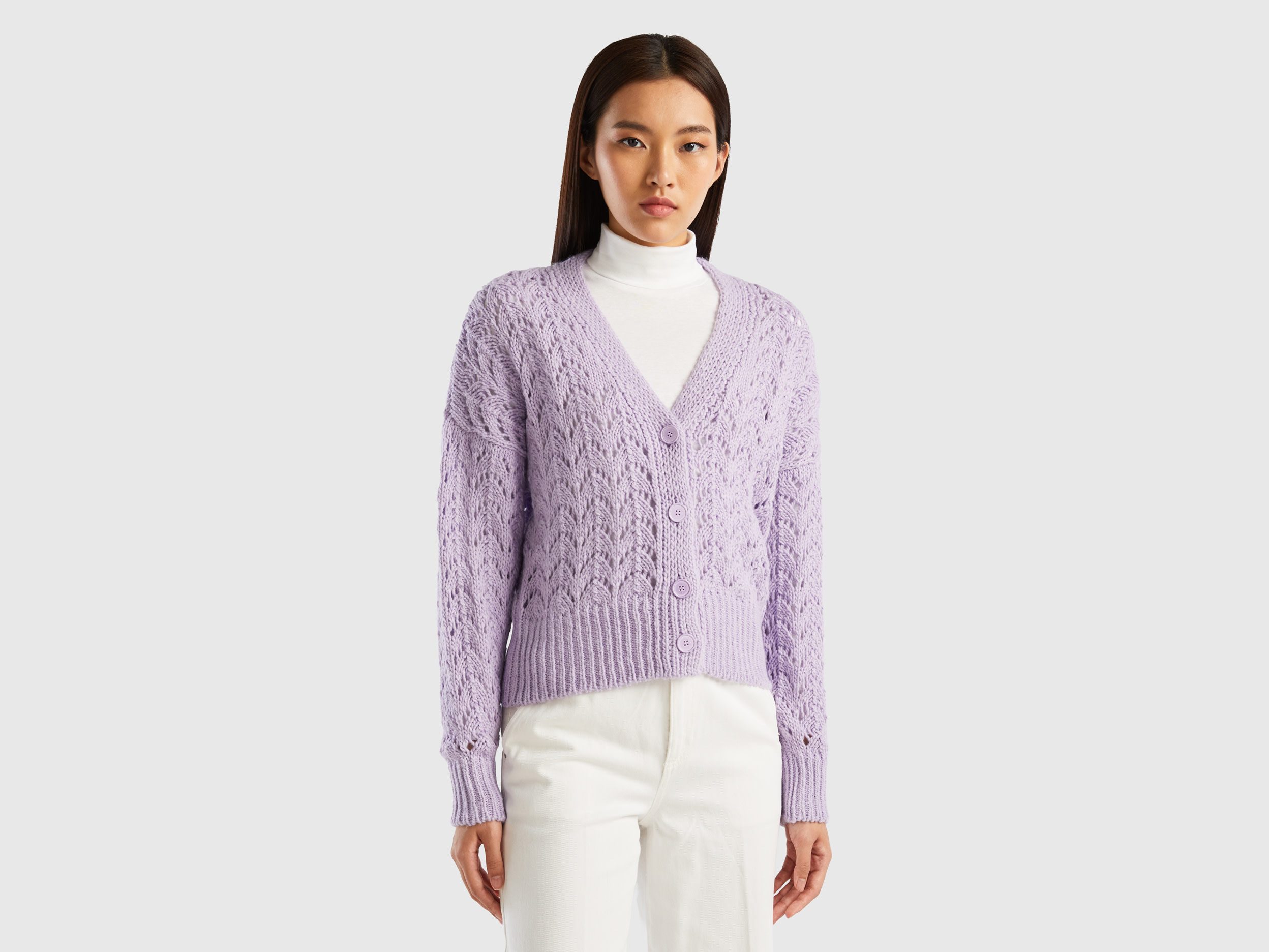 Benetton, Crochet Effect Cardigan, size XS-S, Lilac, Women