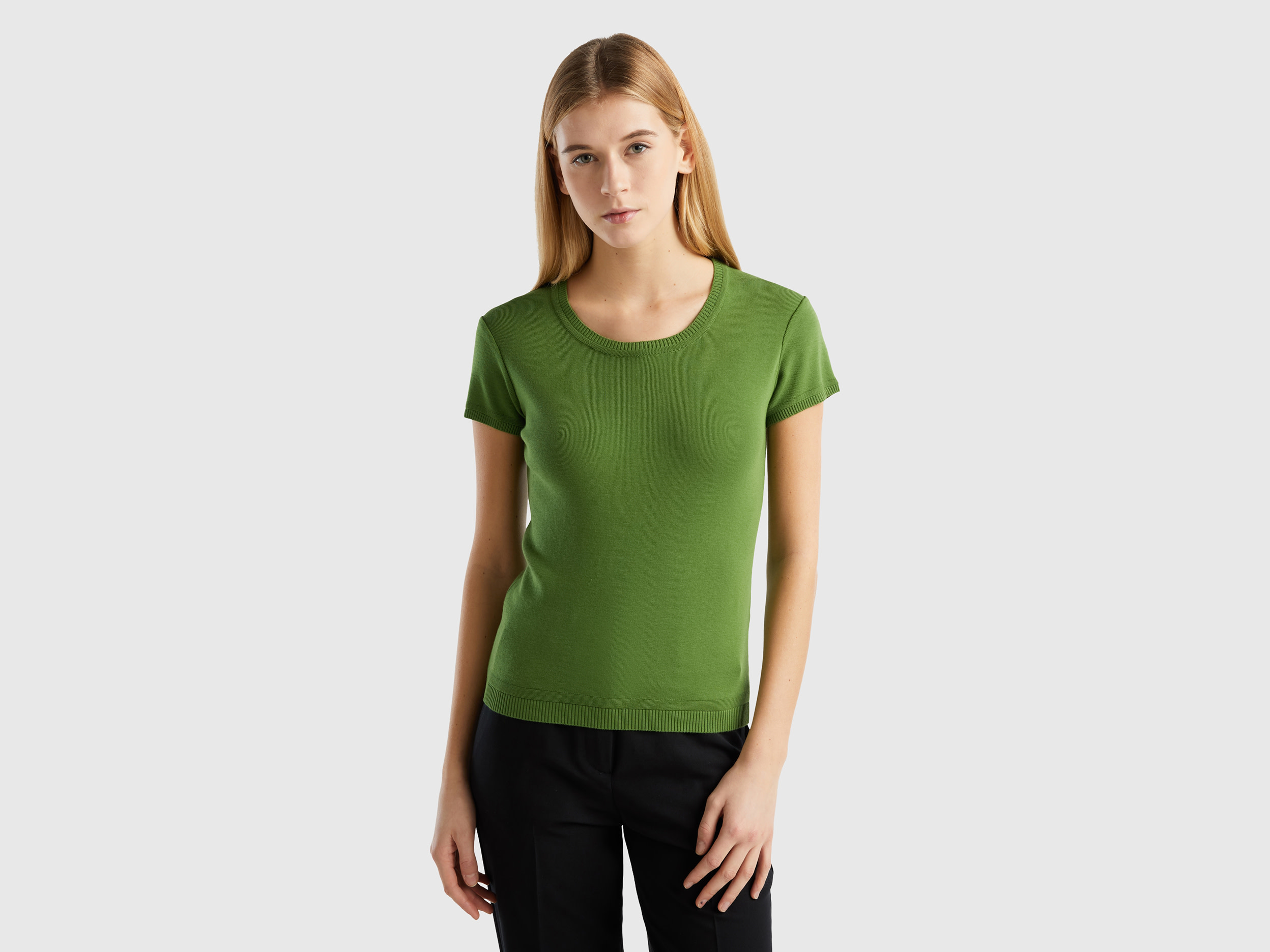 Benetton, Short Sleeve Sweater In 100% Cotton, size XL, Military Green, Women
