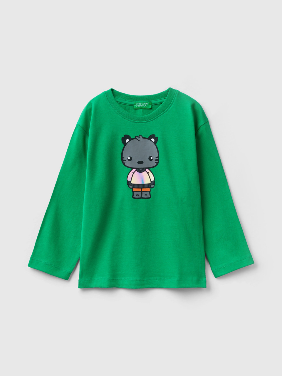 Benetton, T-shirt À Imprimé En Coton À Fibre Longue, Vert, Enfants