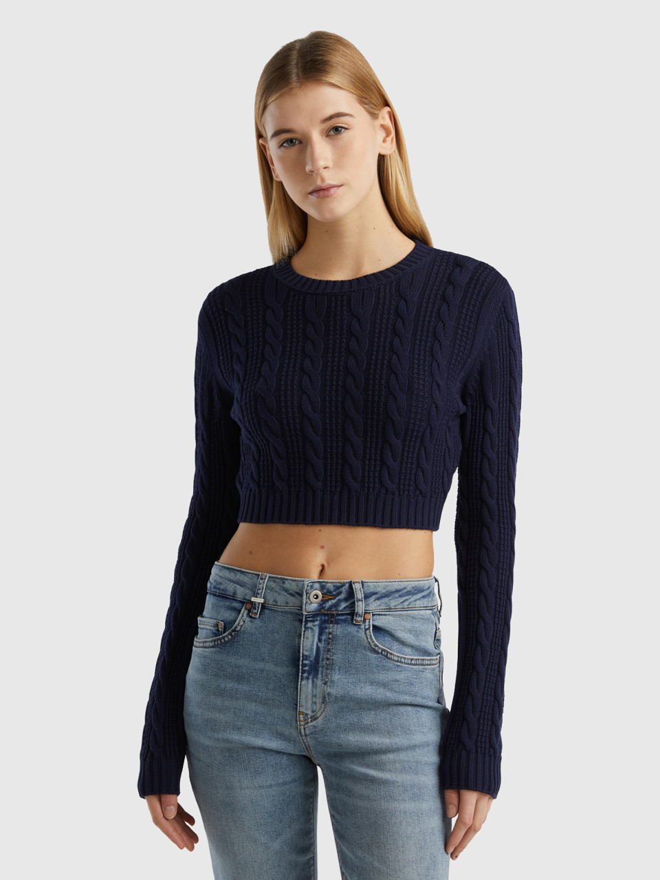Benetton, Cropped Cable Knit Sweater, Dark Blue, Women