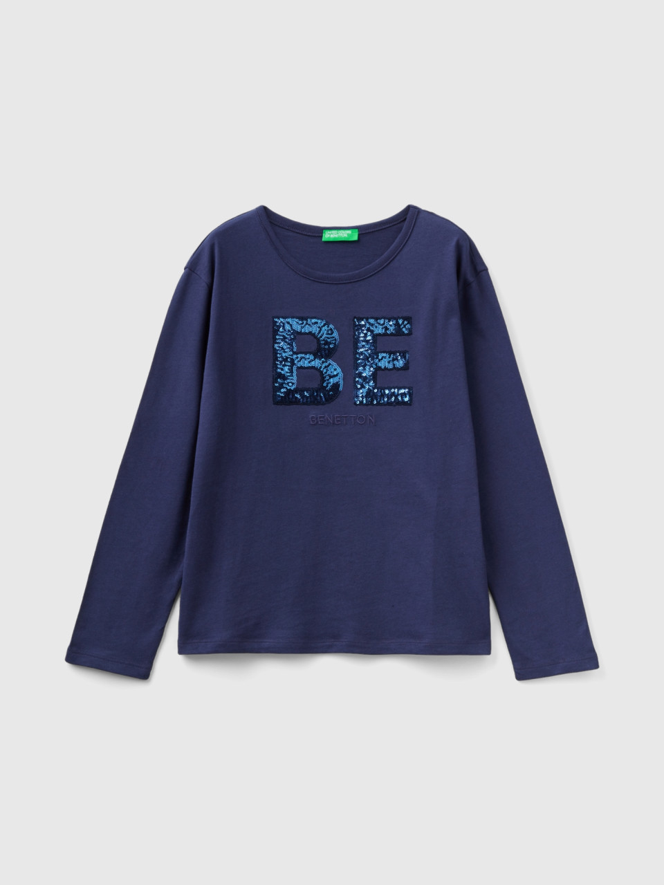 Benetton, T-shirt En Coton Bio Chaud À Paillettes, Bleu Foncé, Enfants