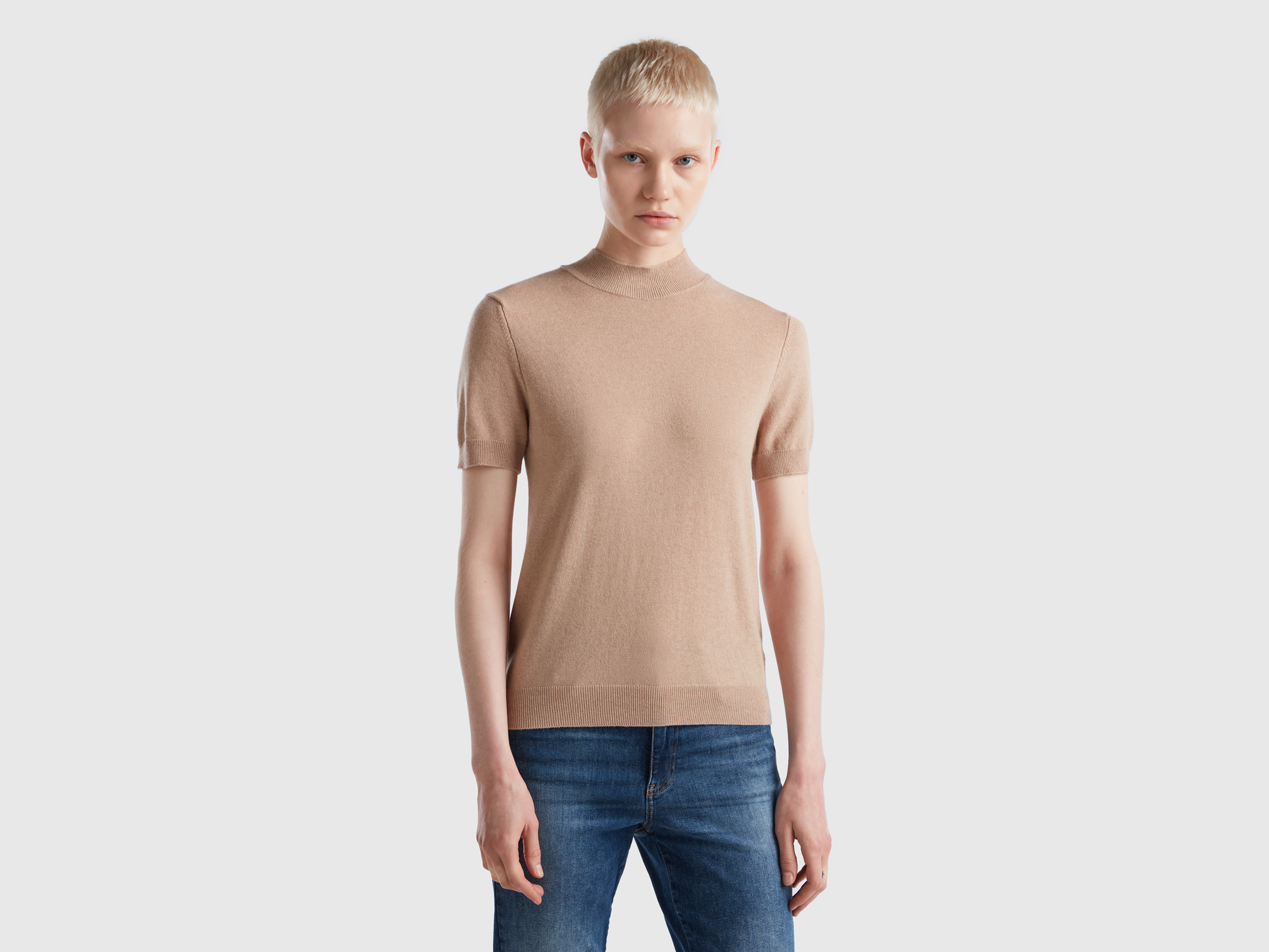 Benetton, Beige Short Sleeve Sweater In Cashmere Blend, size M, Beige, Women