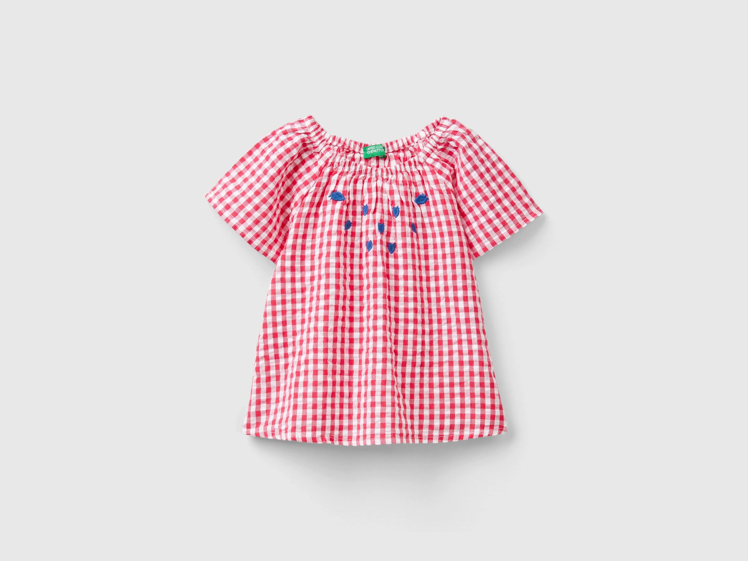 Benetton, Camicia Vichy Con Ricami, Rosso, Bambini