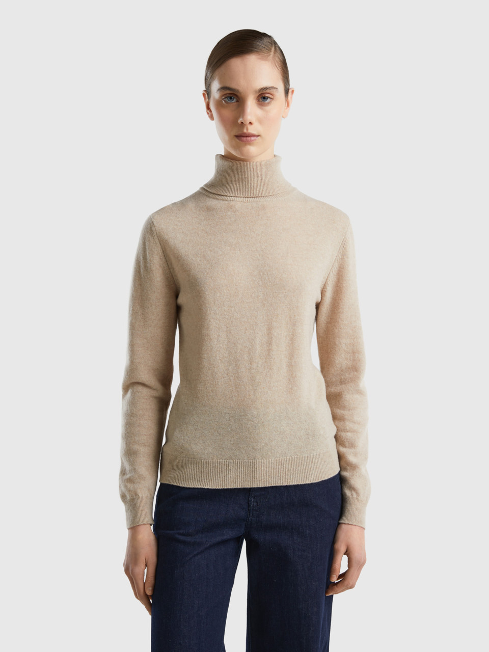 Benetton, Beige Turtleneck Sweater In Pure Merino Wool, Beige, Women